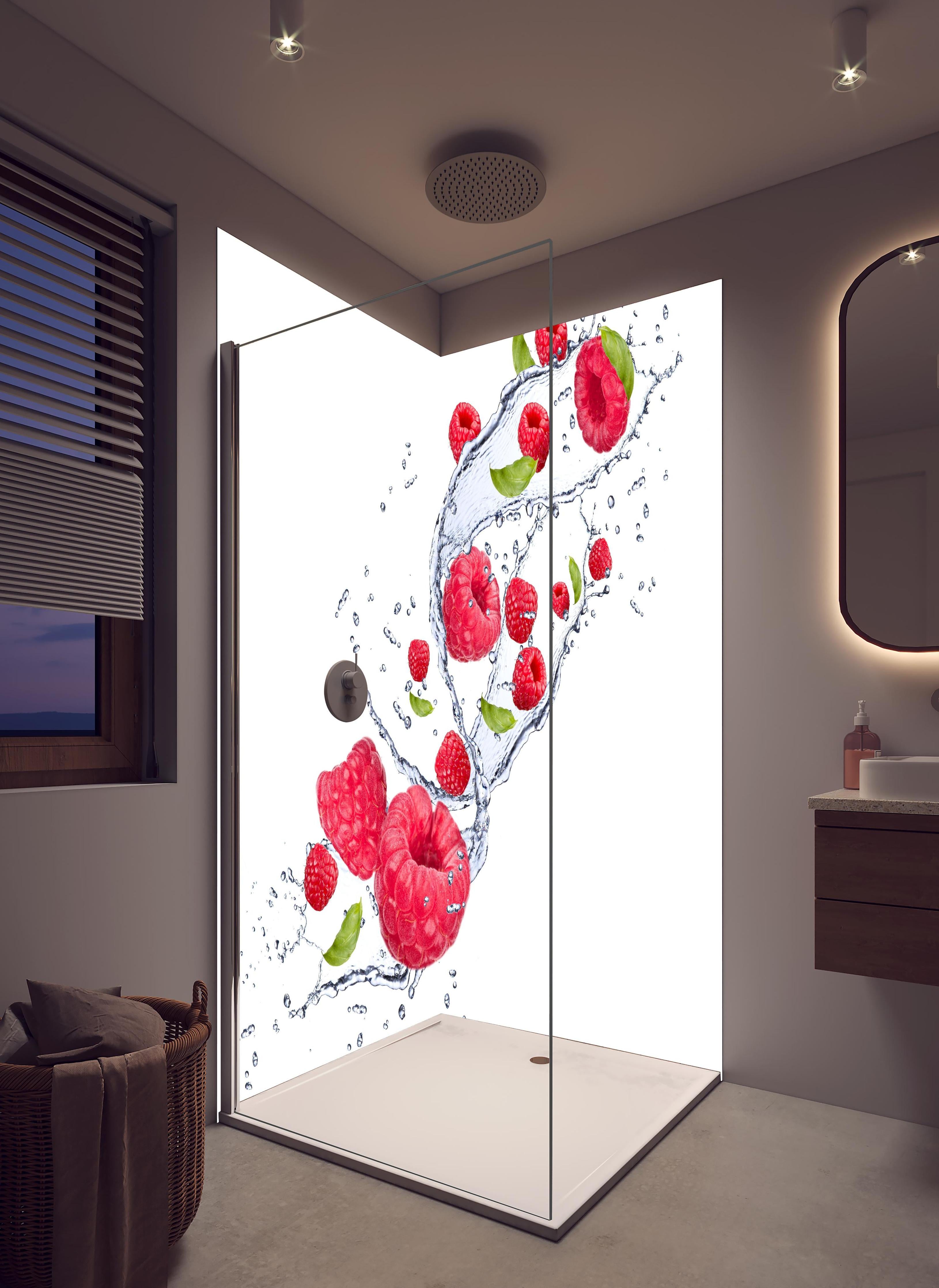 Duschrückwand - Spritzige Erdbeeren in hellem Badezimmer mit Regenduschkopf - zweiteilige Eck-Duschrückwand