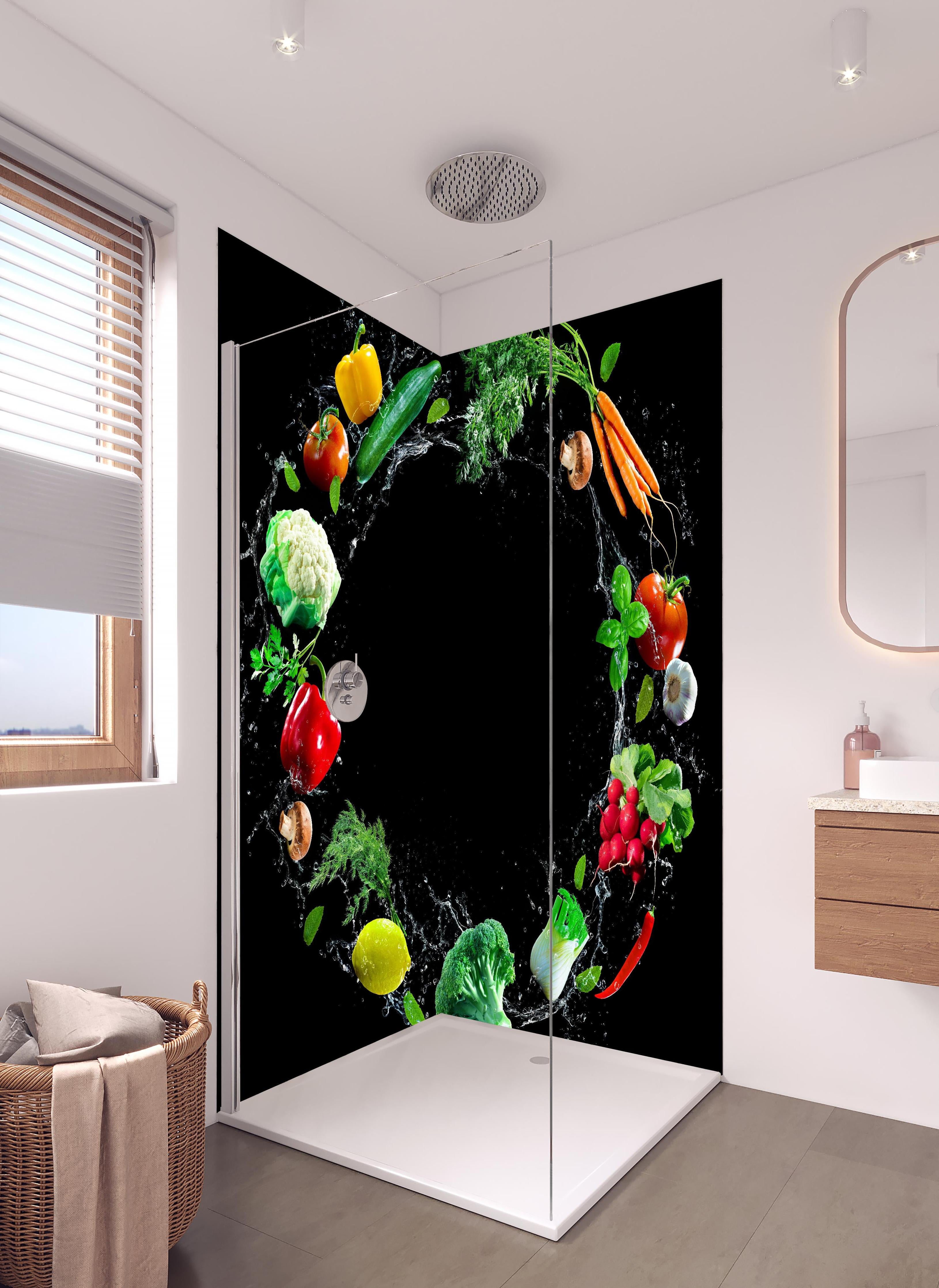 Duschrückwand - Spritzige Gemüsesorten in hellem Badezimmer mit Regenduschkopf - zweiteilige Eck-Duschrückwand