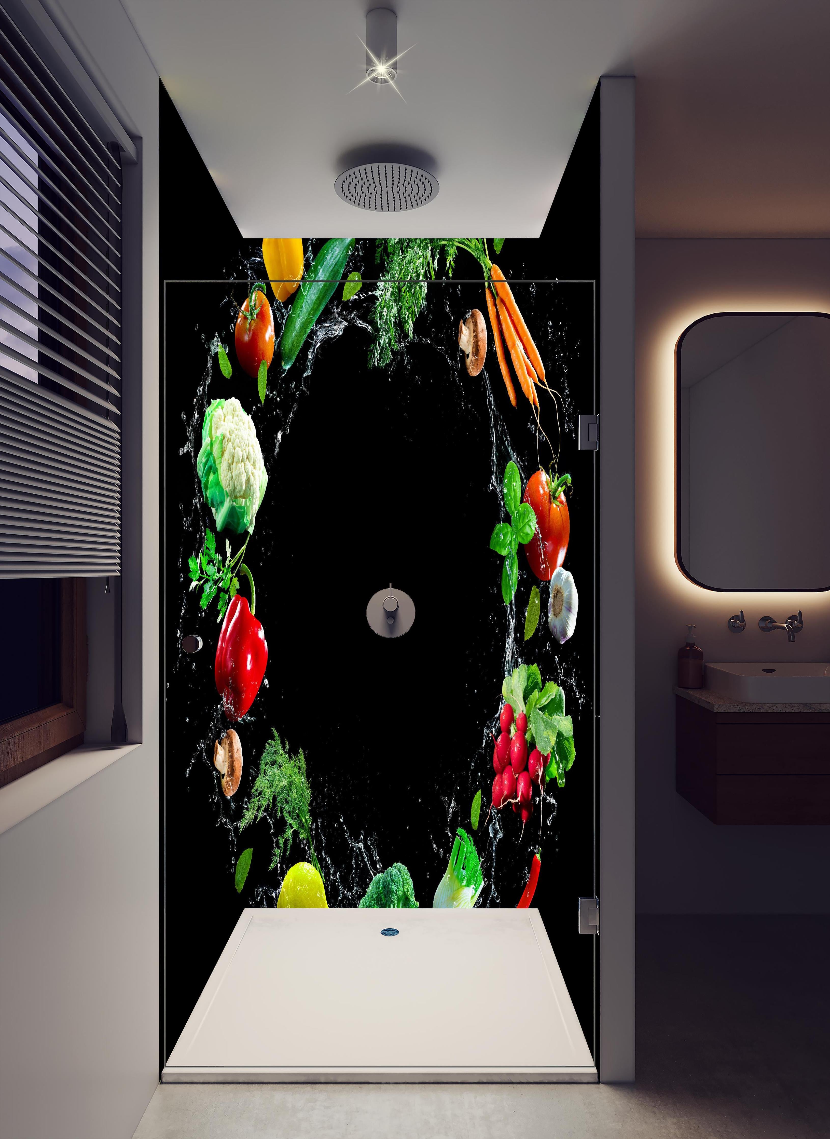 Duschrückwand - Spritzige Gemüsesorten in hellem Badezimmer mit Regenduschkopf - zweiteilige Eck-Duschrückwand