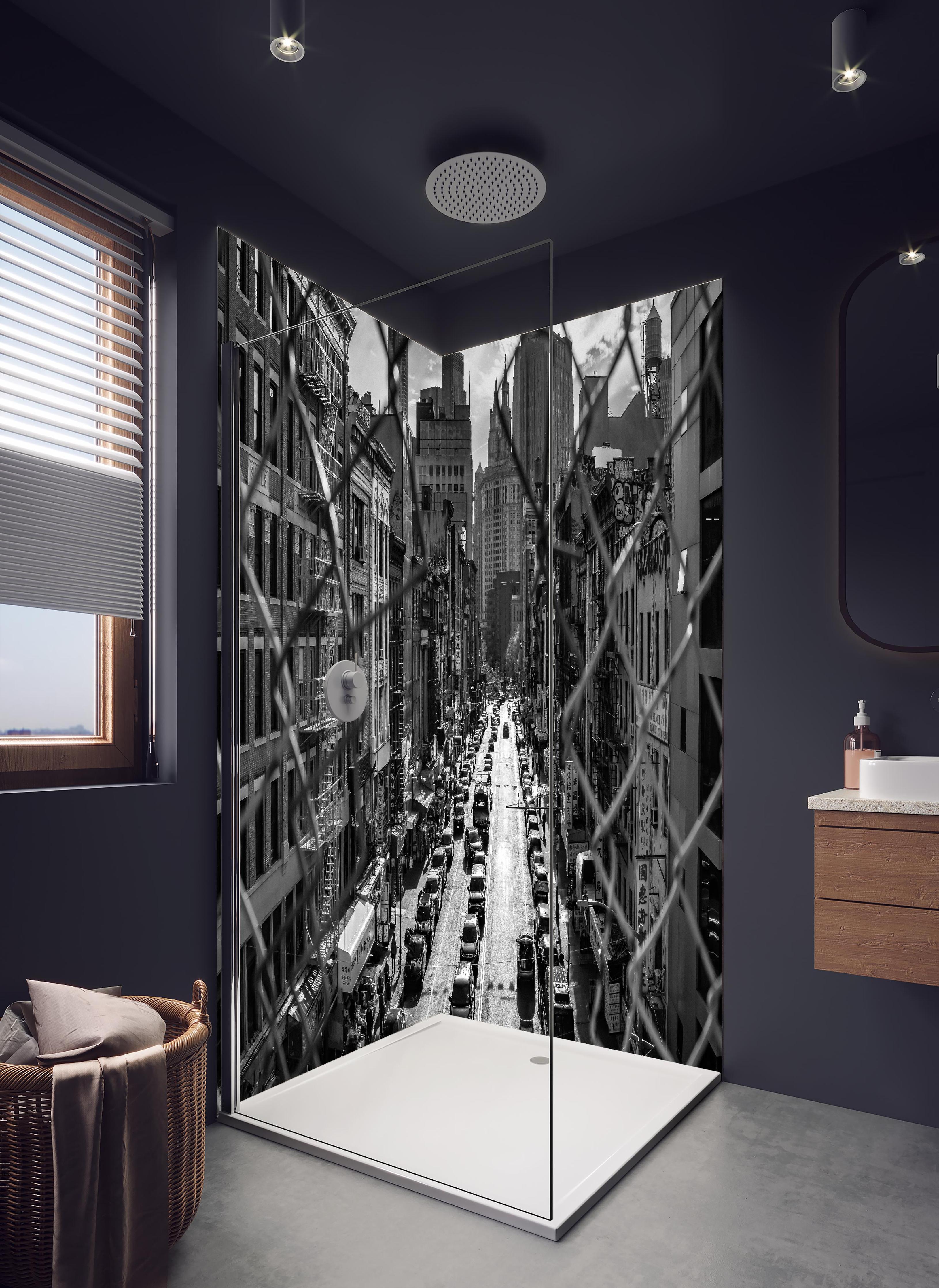 Duschrückwand - Stadtbild - China Town, New York in hellem Badezimmer mit Regenduschkopf - zweiteilige Eck-Duschrückwand