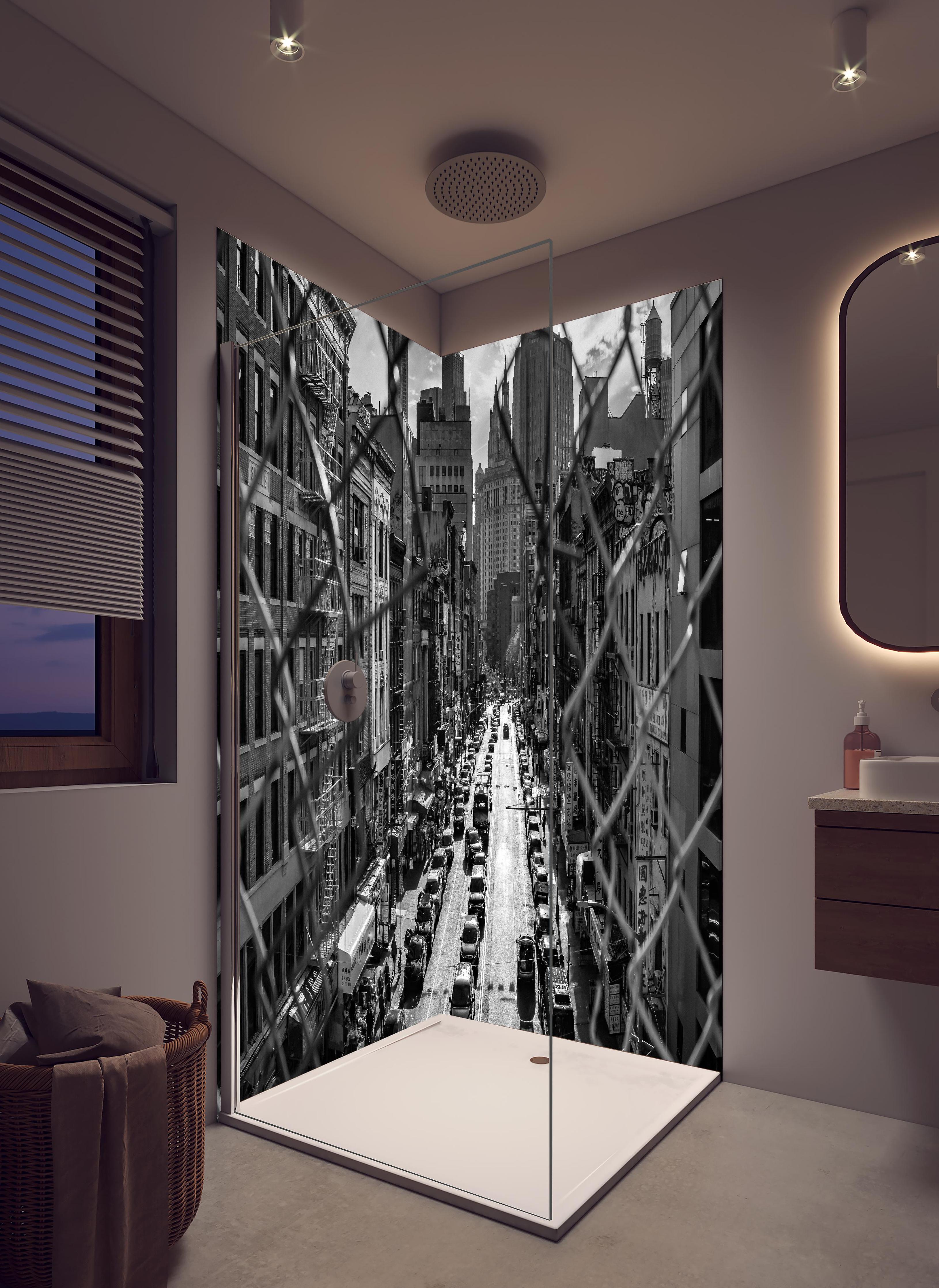 Duschrückwand - Stadtbild - China Town, New York in hellem Badezimmer mit Regenduschkopf - zweiteilige Eck-Duschrückwand