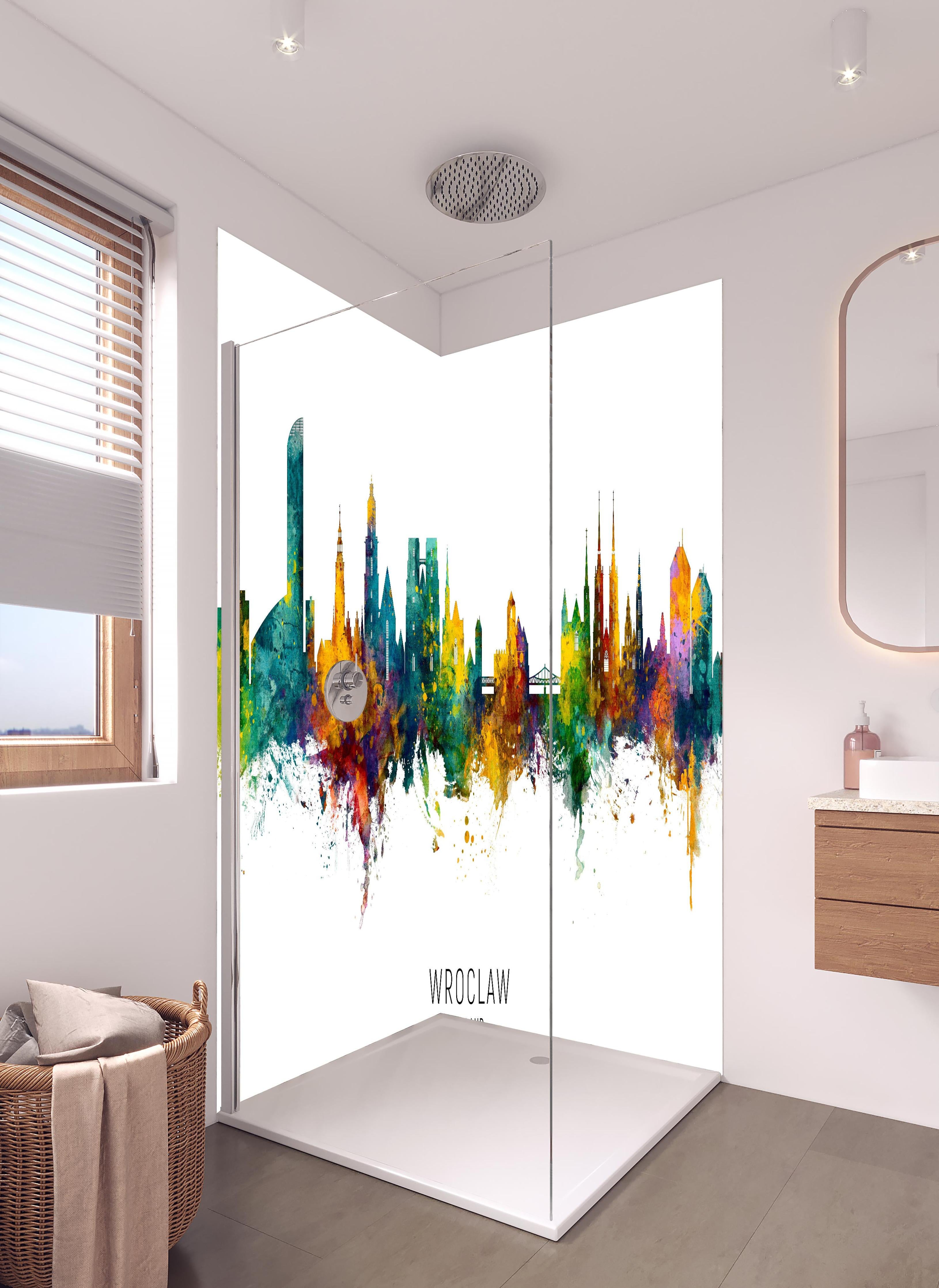 Duschrückwand - Stadtbild - Wroclaw, Polen in hellem Badezimmer mit Regenduschkopf - zweiteilige Eck-Duschrückwand