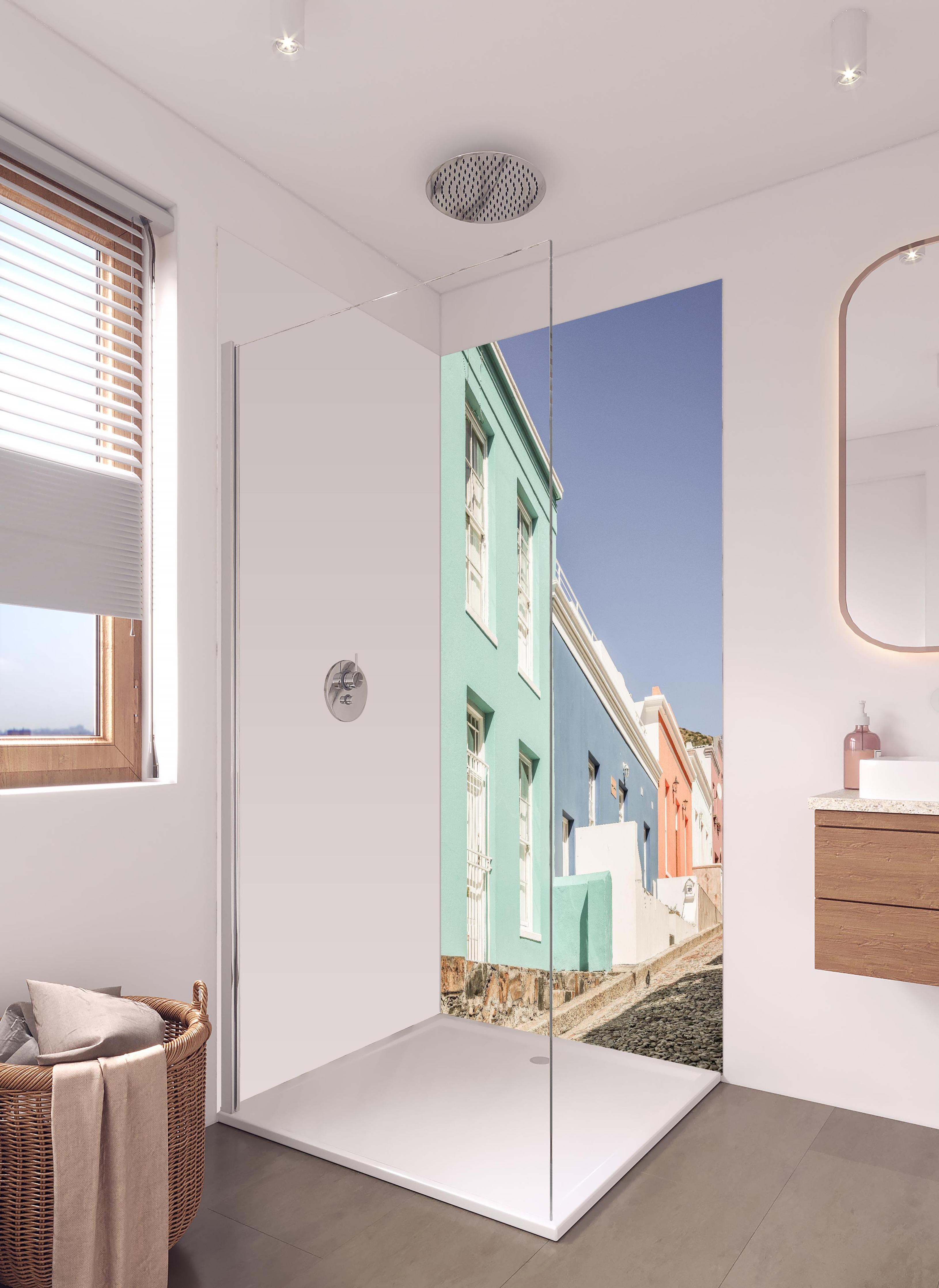 Duschrückwand - Städtische Farbenspiel Fassaden Reihe in hellem Badezimmer mit Regenduschkopf - zweiteilige Eck-Duschrückwand