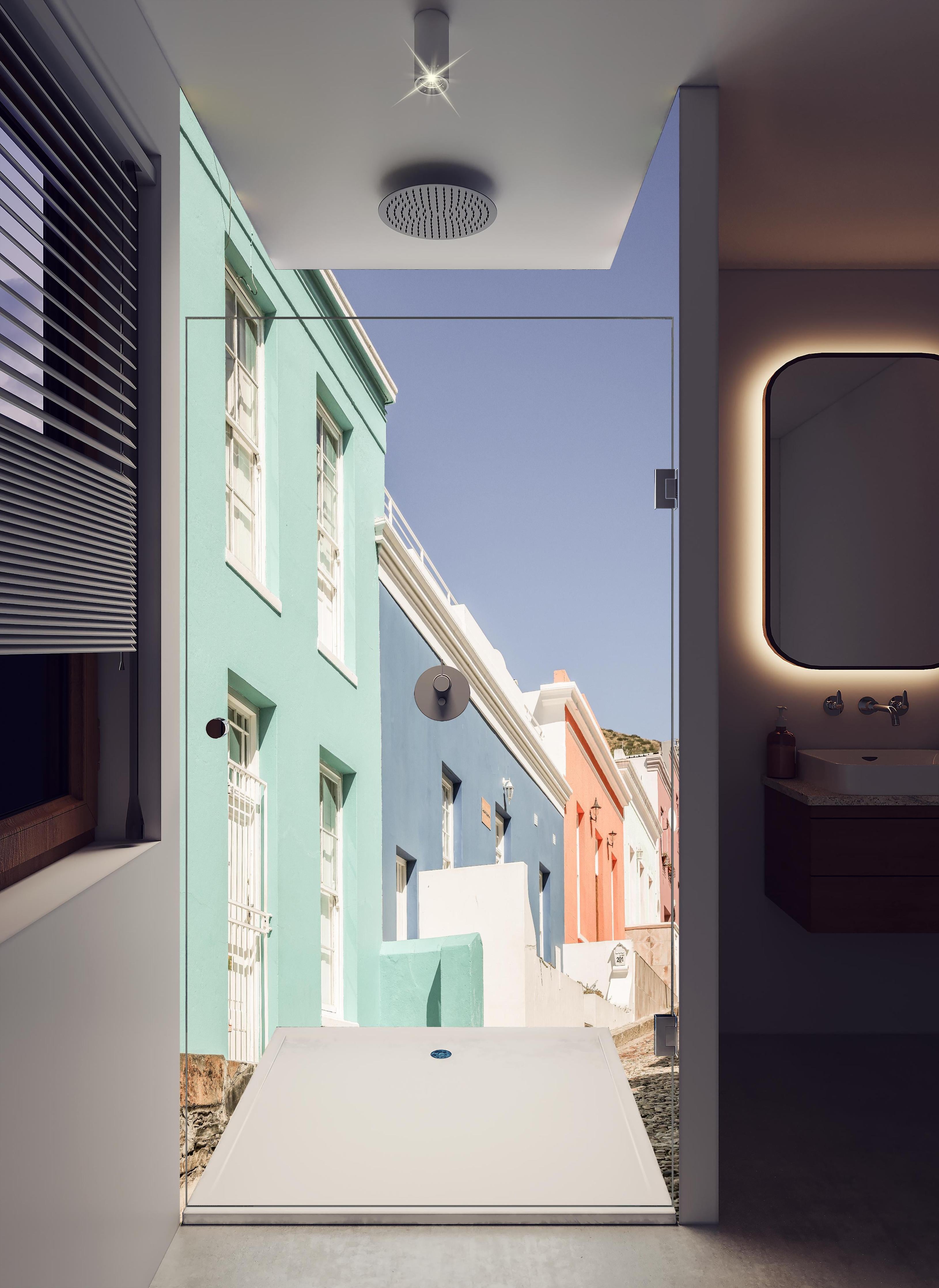 Duschrückwand - Städtische Farbenspiel Fassaden Reihe in hellem Badezimmer mit Regenduschkopf - zweiteilige Eck-Duschrückwand