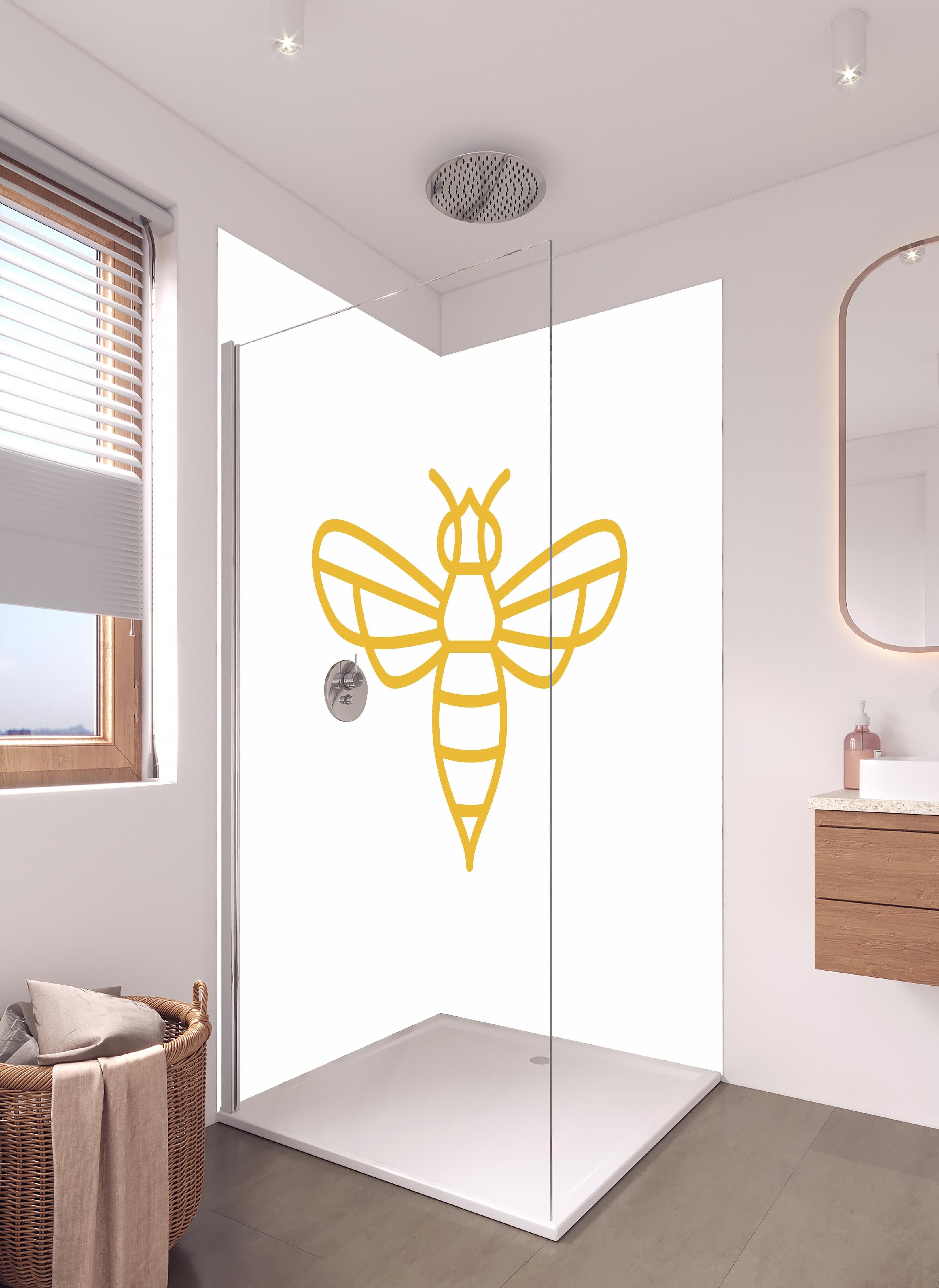 Duschrückwand - Stilisierte Goldfarbene Biene Illustration in hellem Badezimmer mit Regenduschkopf - zweiteilige Eck-Duschrückwand