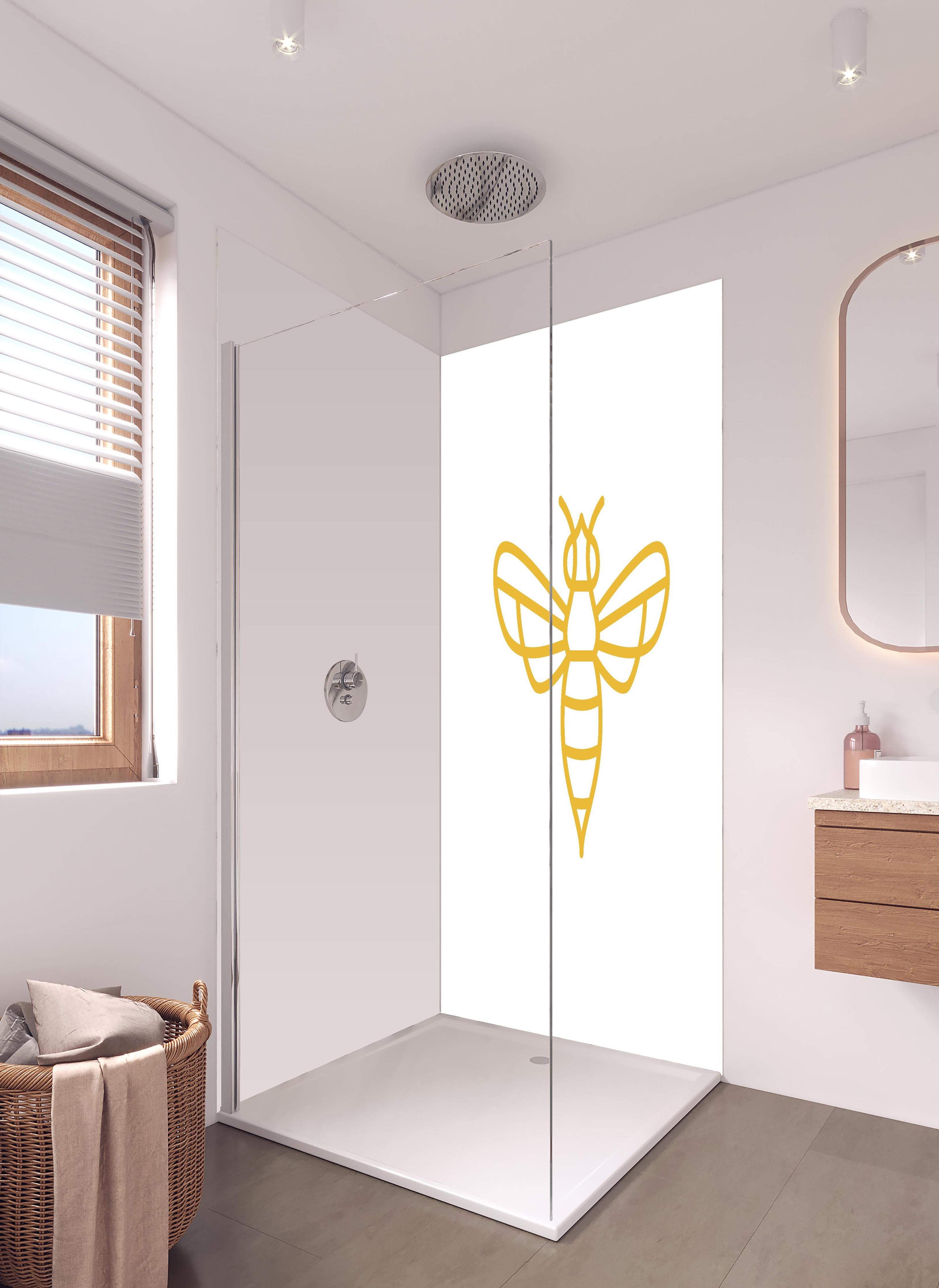 Duschrückwand - Stilisierte Goldfarbene Biene Illustration in hellem Badezimmer mit Regenduschkopf - zweiteilige Eck-Duschrückwand