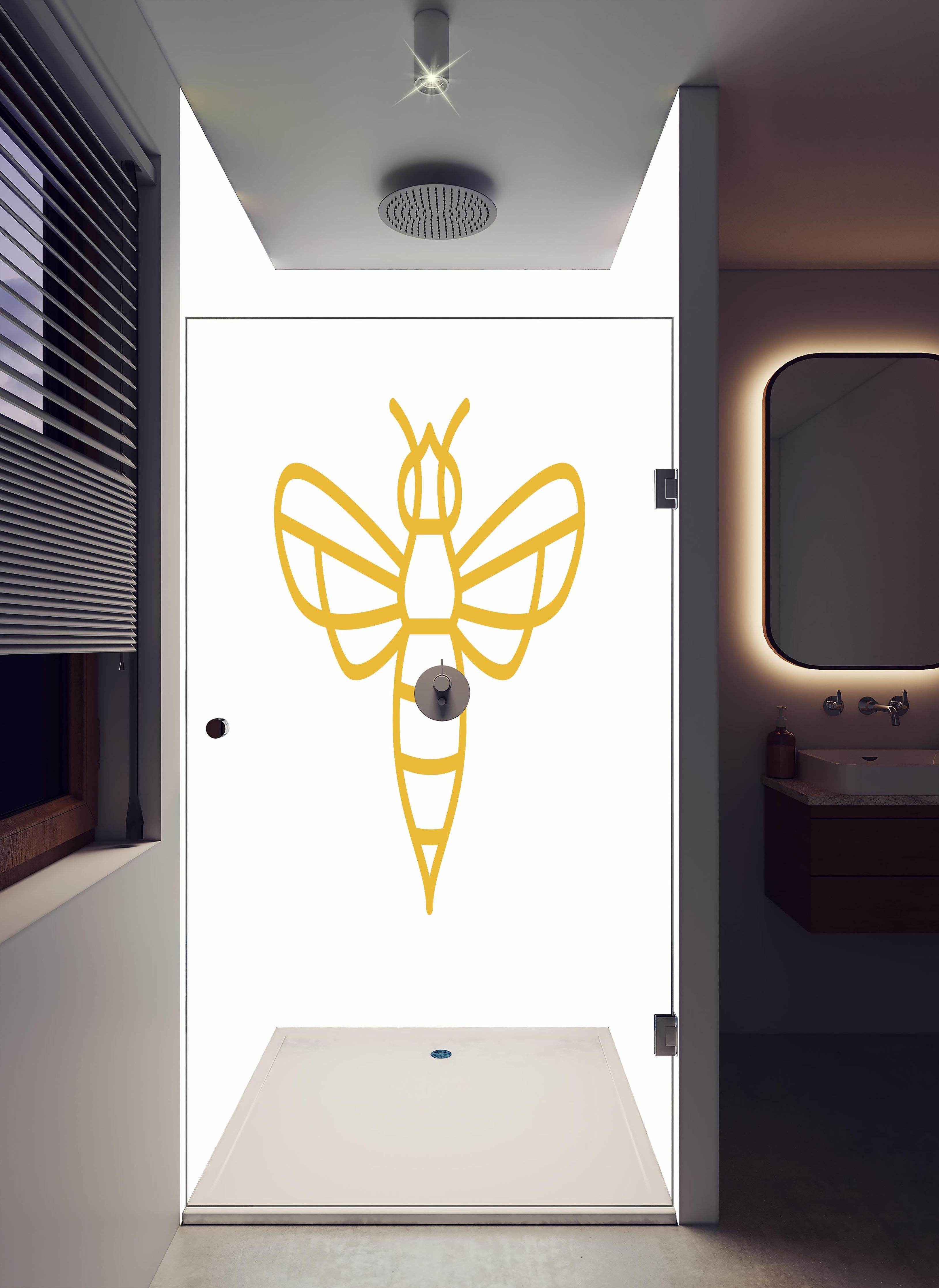 Duschrückwand - Stilisierte Goldfarbene Biene Illustration in hellem Badezimmer mit Regenduschkopf - zweiteilige Eck-Duschrückwand