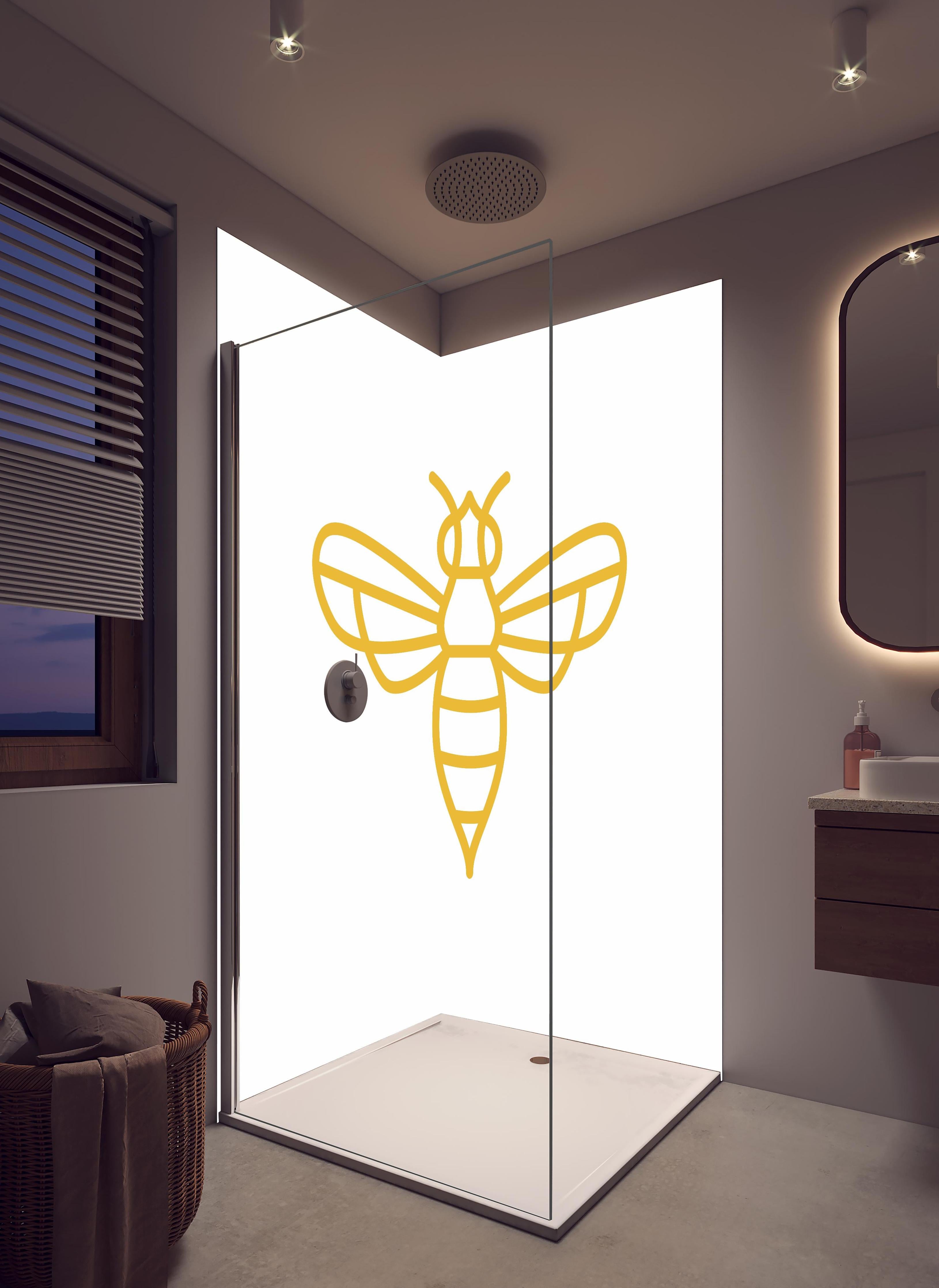 Duschrückwand - Stilisierte Goldfarbene Biene Illustration in hellem Badezimmer mit Regenduschkopf - zweiteilige Eck-Duschrückwand