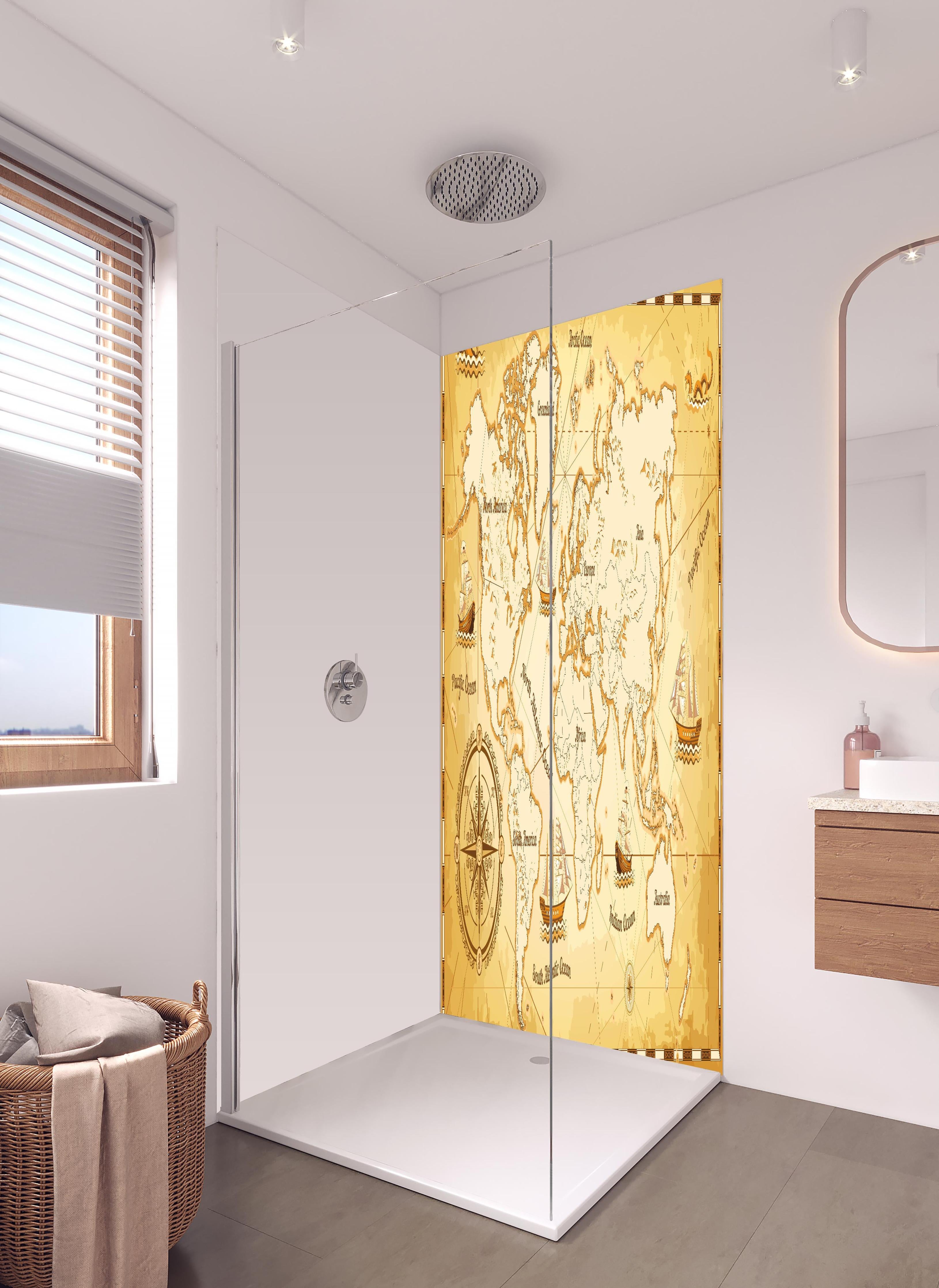 Duschrückwand - Stilisierte Vintage Weltkarte mit Segelschiffen in hellem Badezimmer mit Regenduschkopf - zweiteilige Eck-Duschrückwand