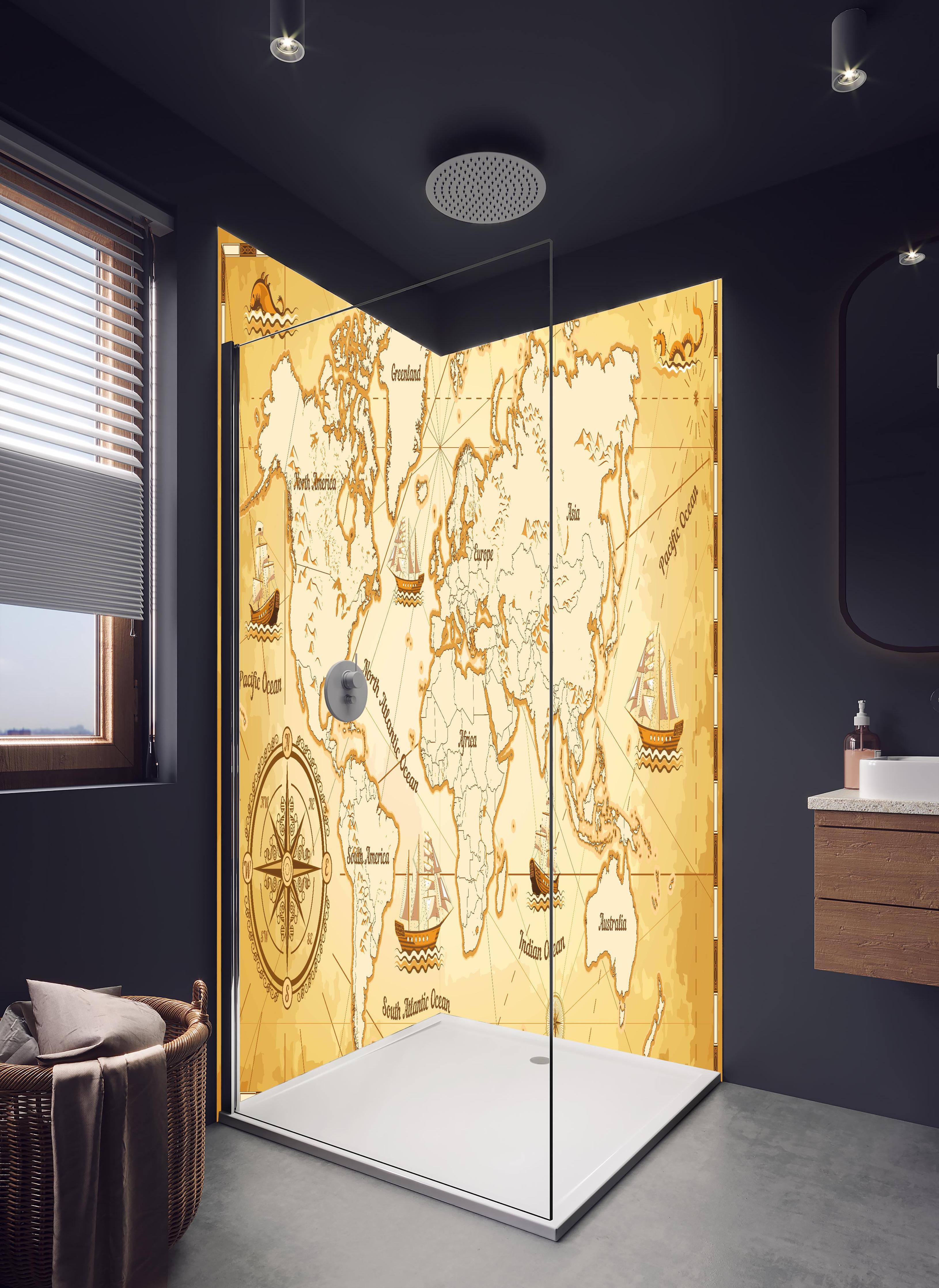 Duschrückwand - Stilisierte Vintage Weltkarte mit Segelschiffen in hellem Badezimmer mit Regenduschkopf - zweiteilige Eck-Duschrückwand