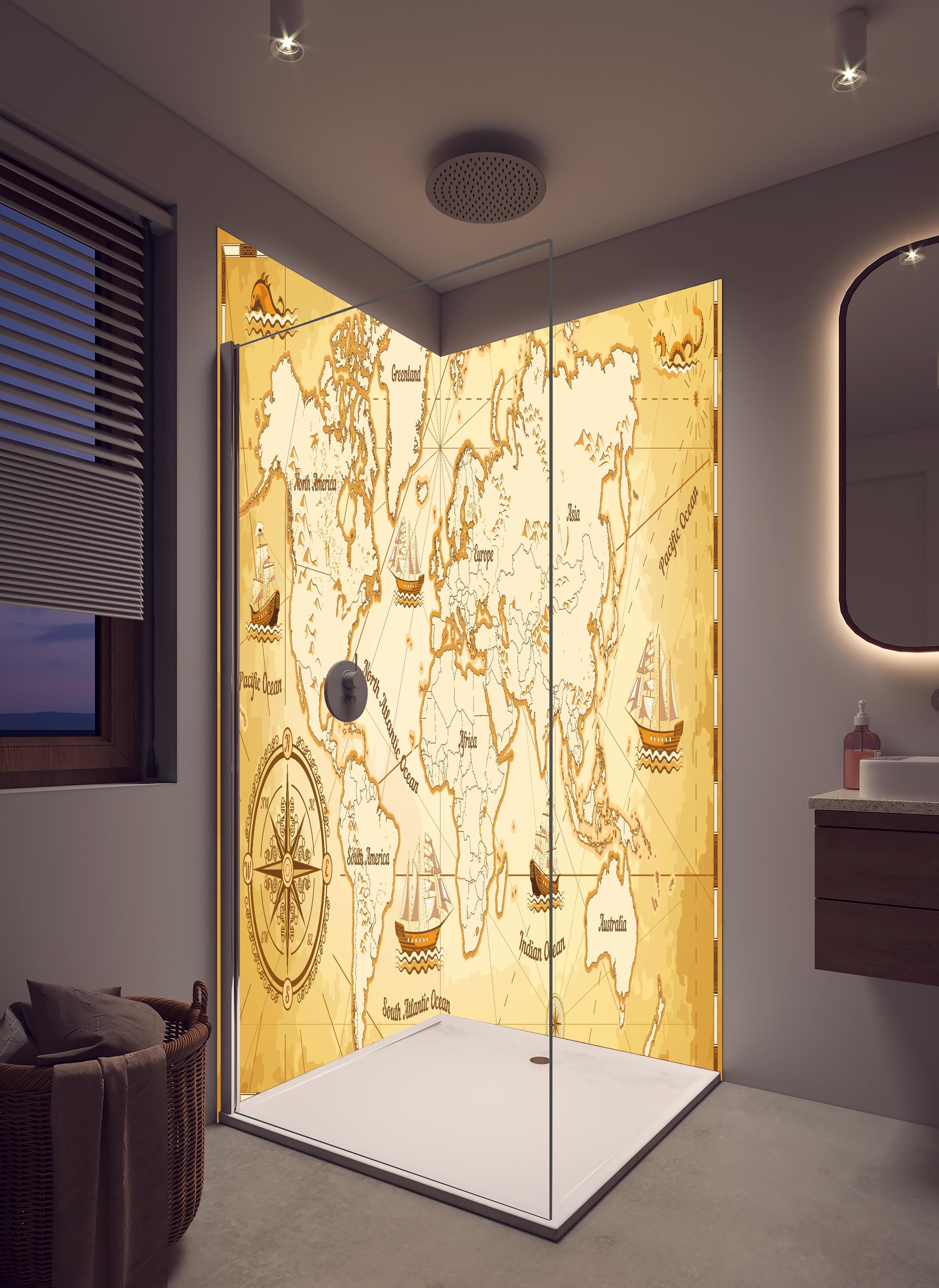 Duschrückwand - Stilisierte Vintage Weltkarte mit Segelschiffen in hellem Badezimmer mit Regenduschkopf - zweiteilige Eck-Duschrückwand