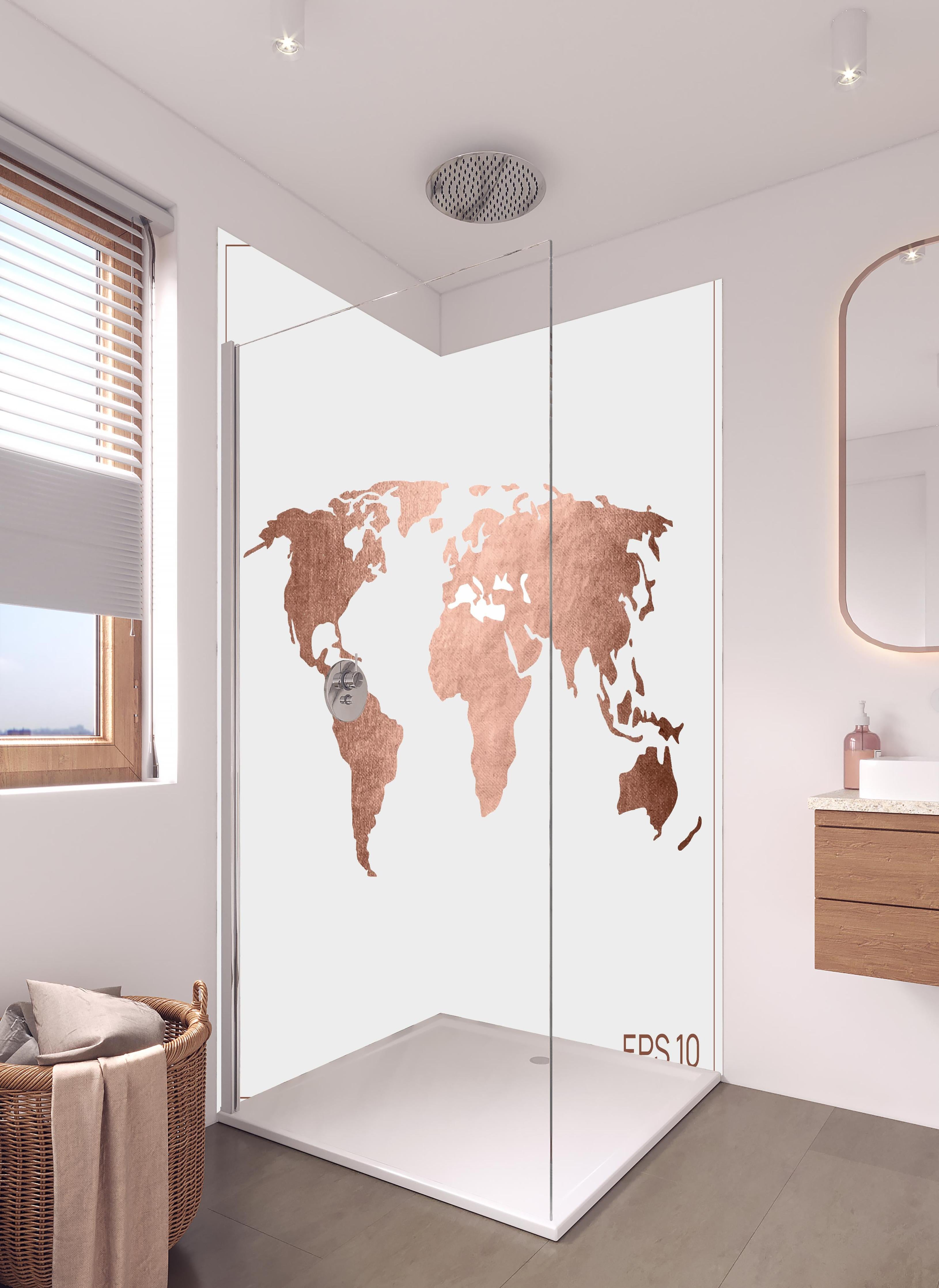 Duschrückwand - Stilisierte Weltkarte in Roségold EPS Format in hellem Badezimmer mit Regenduschkopf - zweiteilige Eck-Duschrückwand