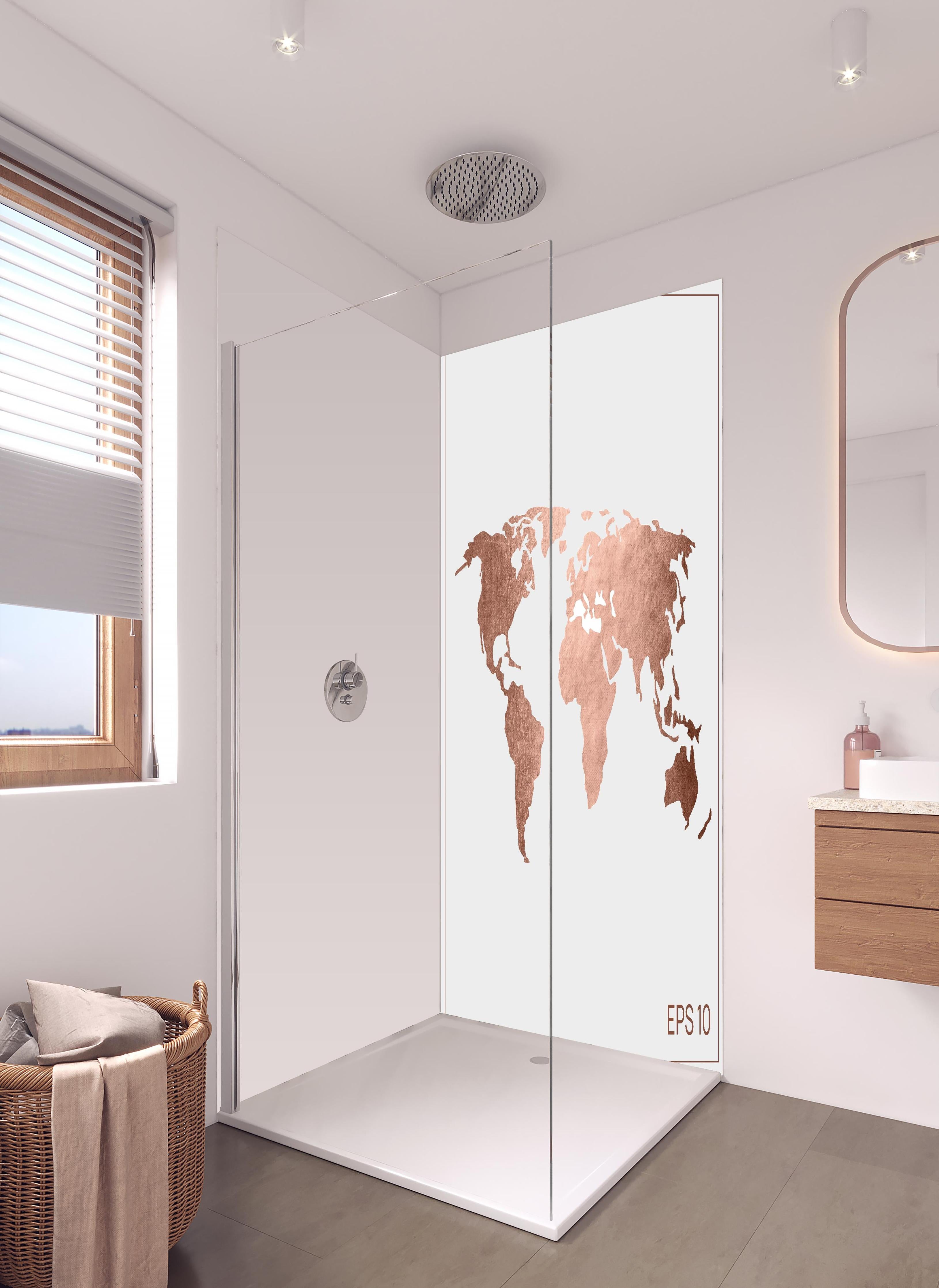 Duschrückwand - Stilisierte Weltkarte in Roségold EPS Format in hellem Badezimmer mit Regenduschkopf - zweiteilige Eck-Duschrückwand