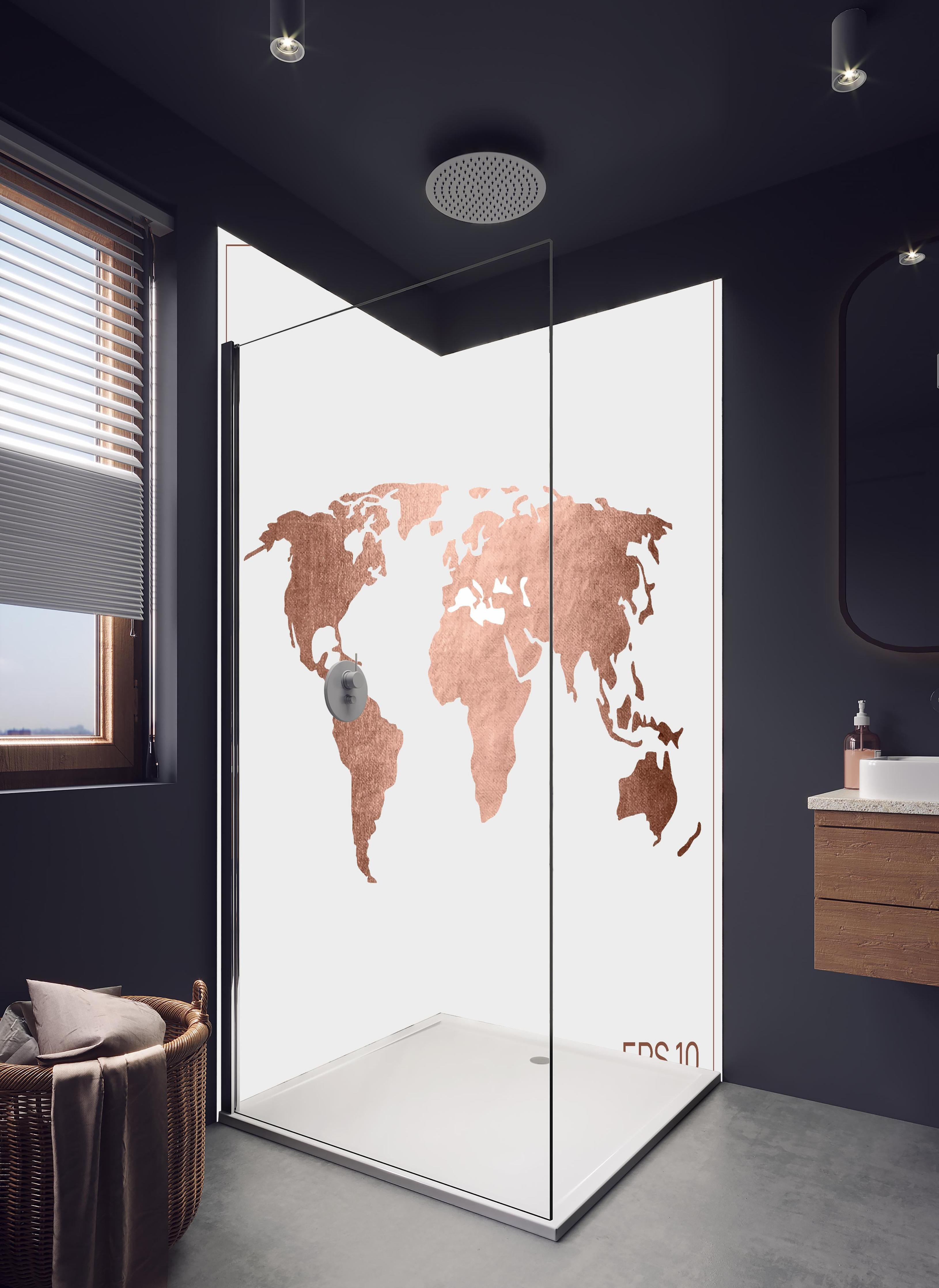 Duschrückwand - Stilisierte Weltkarte in Roségold EPS Format in hellem Badezimmer mit Regenduschkopf - zweiteilige Eck-Duschrückwand