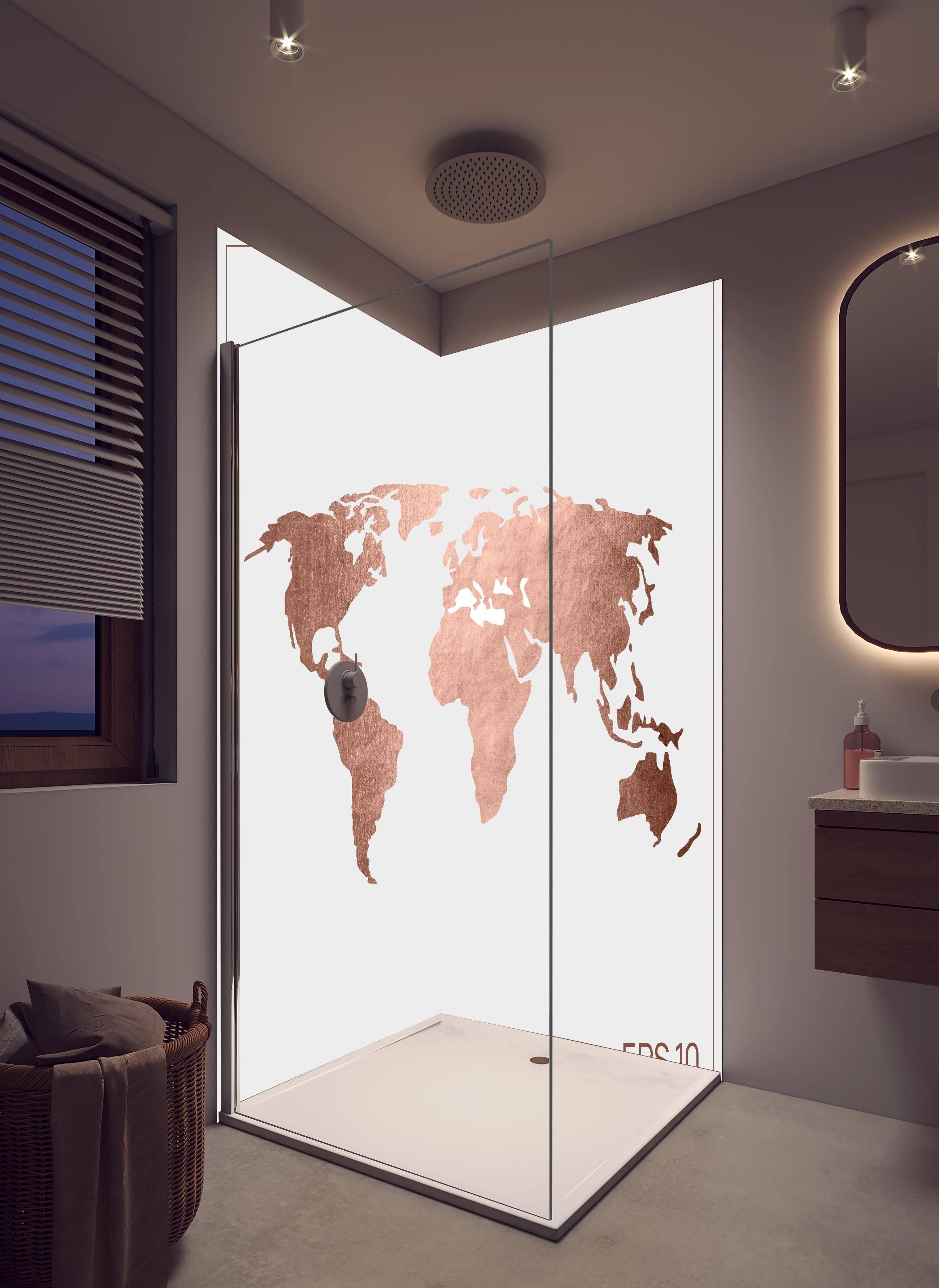 Duschrückwand - Stilisierte Weltkarte in Roségold EPS Format in hellem Badezimmer mit Regenduschkopf - zweiteilige Eck-Duschrückwand