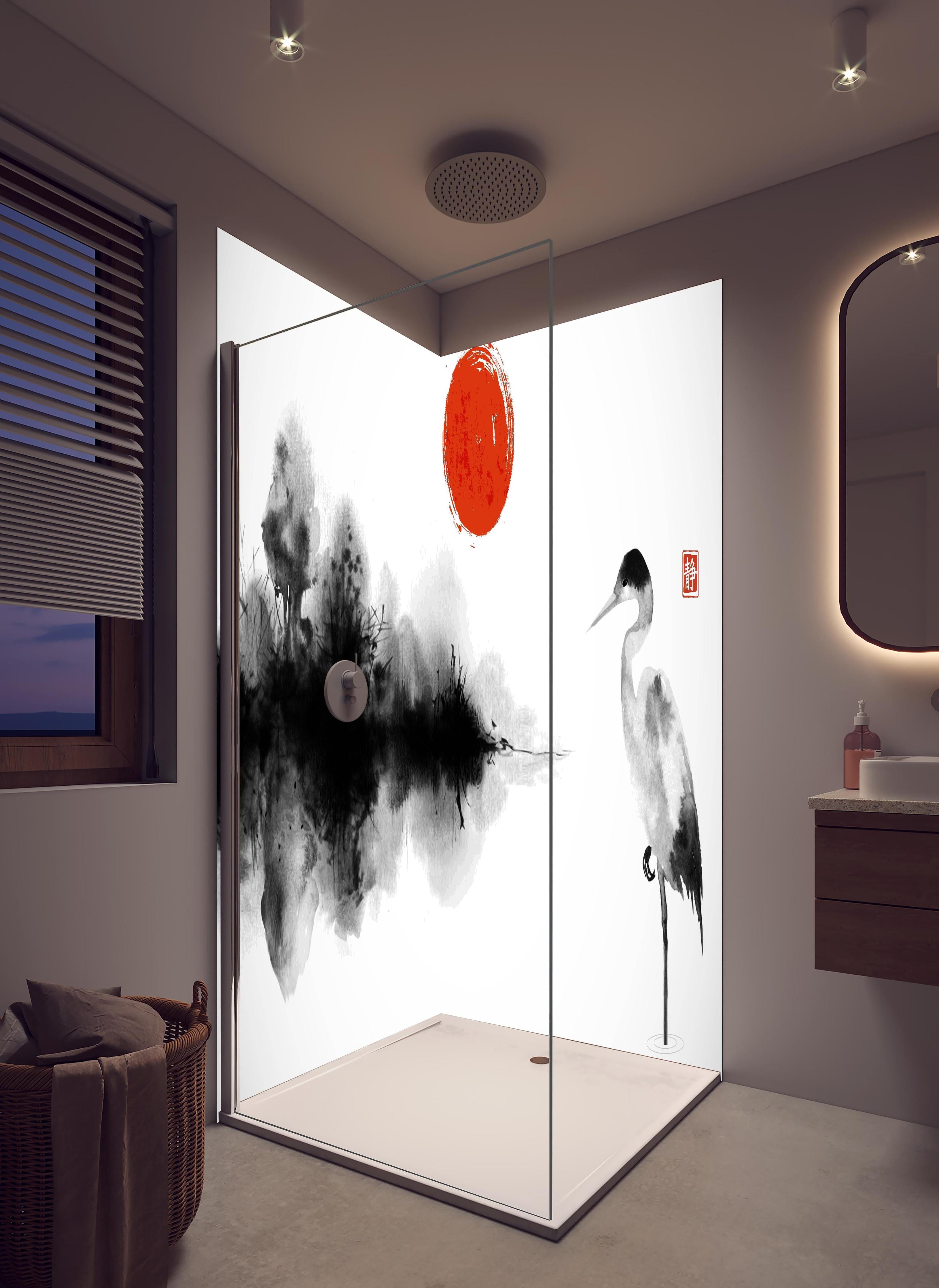 Duschrückwand - Stille Heron Sumi-e Tuschmalerei in hellem Badezimmer mit Regenduschkopf - zweiteilige Eck-Duschrückwand