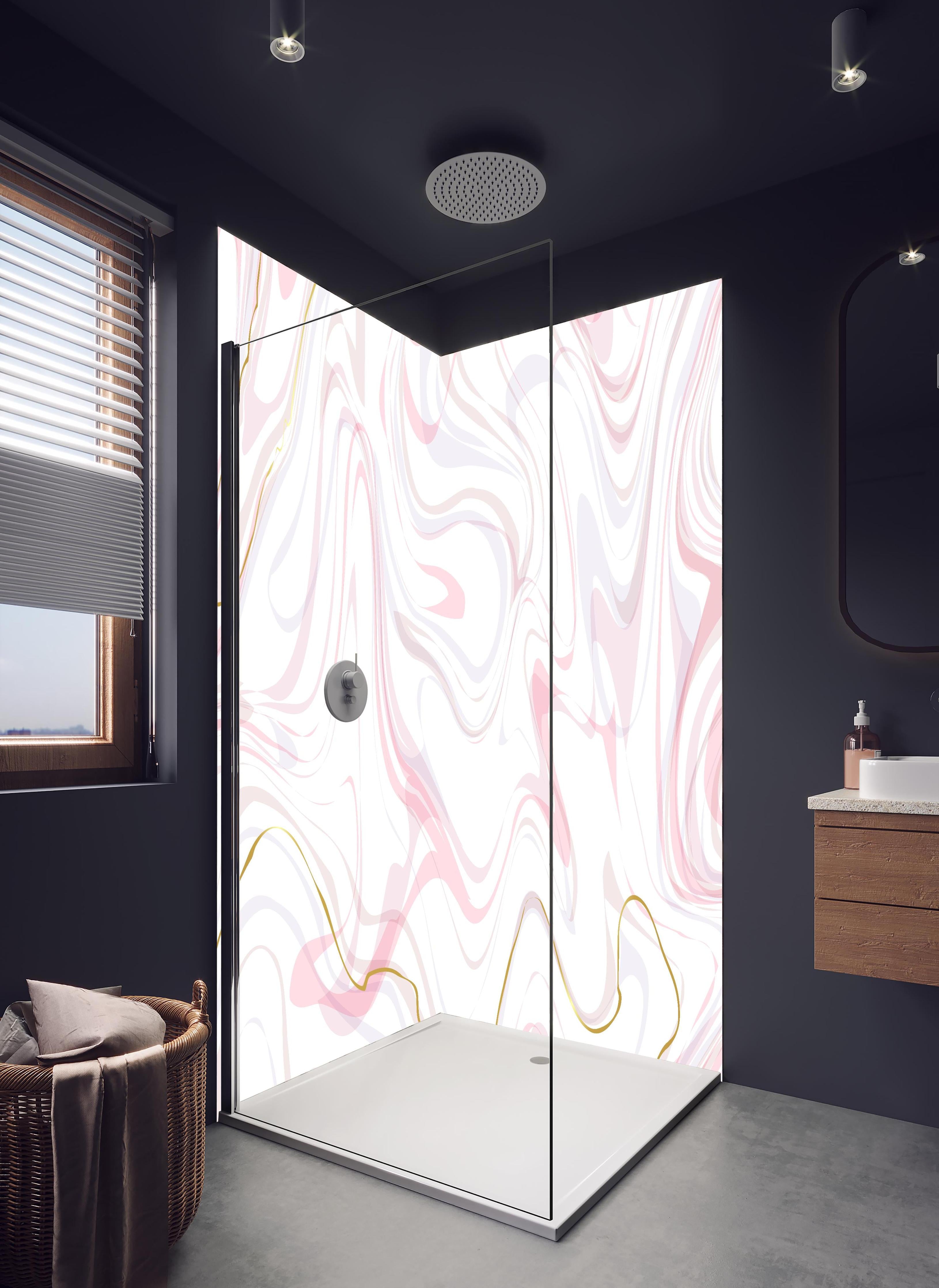 Duschrückwand - Stilvolle Rosé-Weiß Marmorierung mit Goldakzenten in hellem Badezimmer mit Regenduschkopf - zweiteilige Eck-Duschrückwand