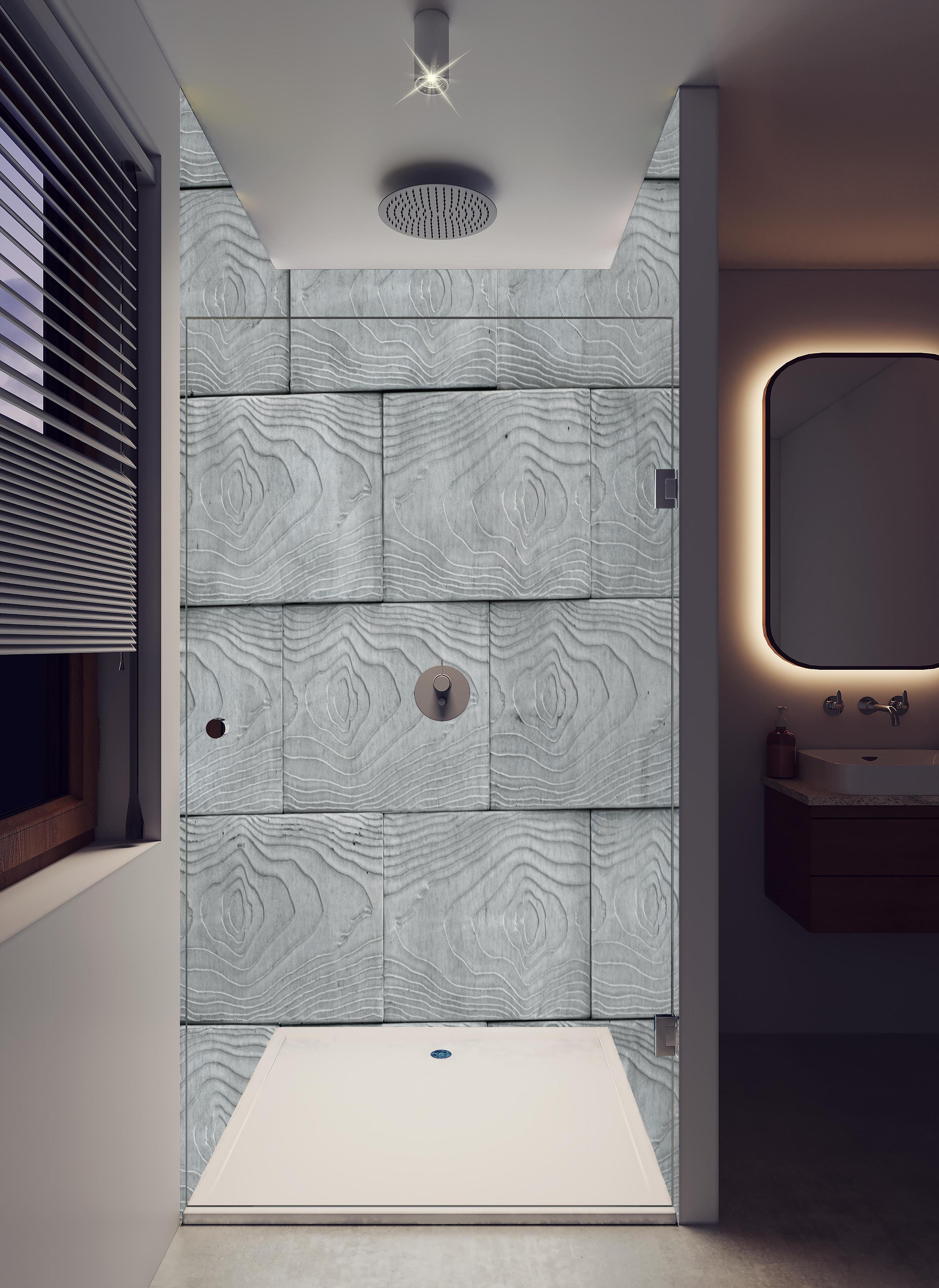 Duschrückwand - Stilvolle weiße Holzstruktur mit Grautönen in hellem Badezimmer mit Regenduschkopf - zweiteilige Eck-Duschrückwand