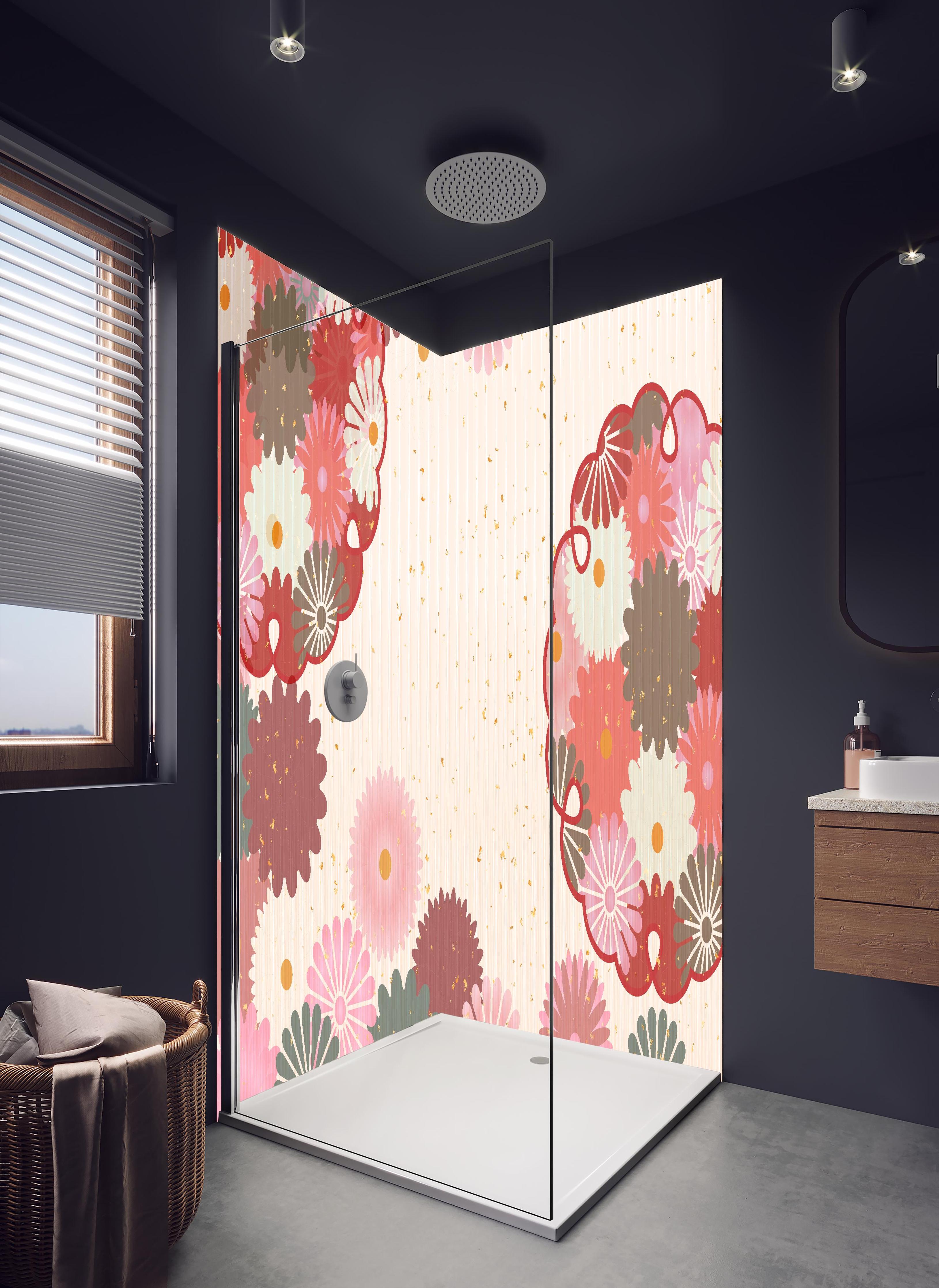 Duschrückwand - Stoffmuster Blumen Beige Rosa Akzente in hellem Badezimmer mit Regenduschkopf - zweiteilige Eck-Duschrückwand