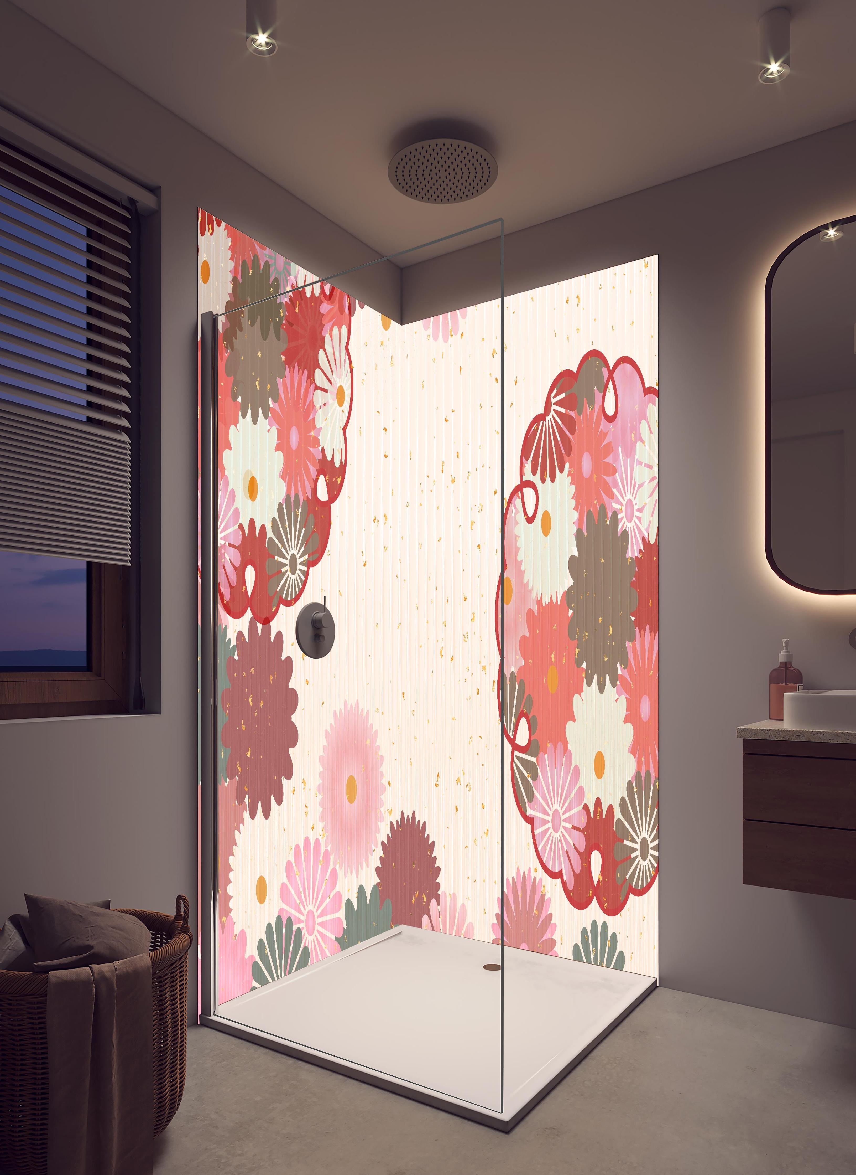 Duschrückwand - Stoffmuster Blumen Beige Rosa Akzente in hellem Badezimmer mit Regenduschkopf - zweiteilige Eck-Duschrückwand