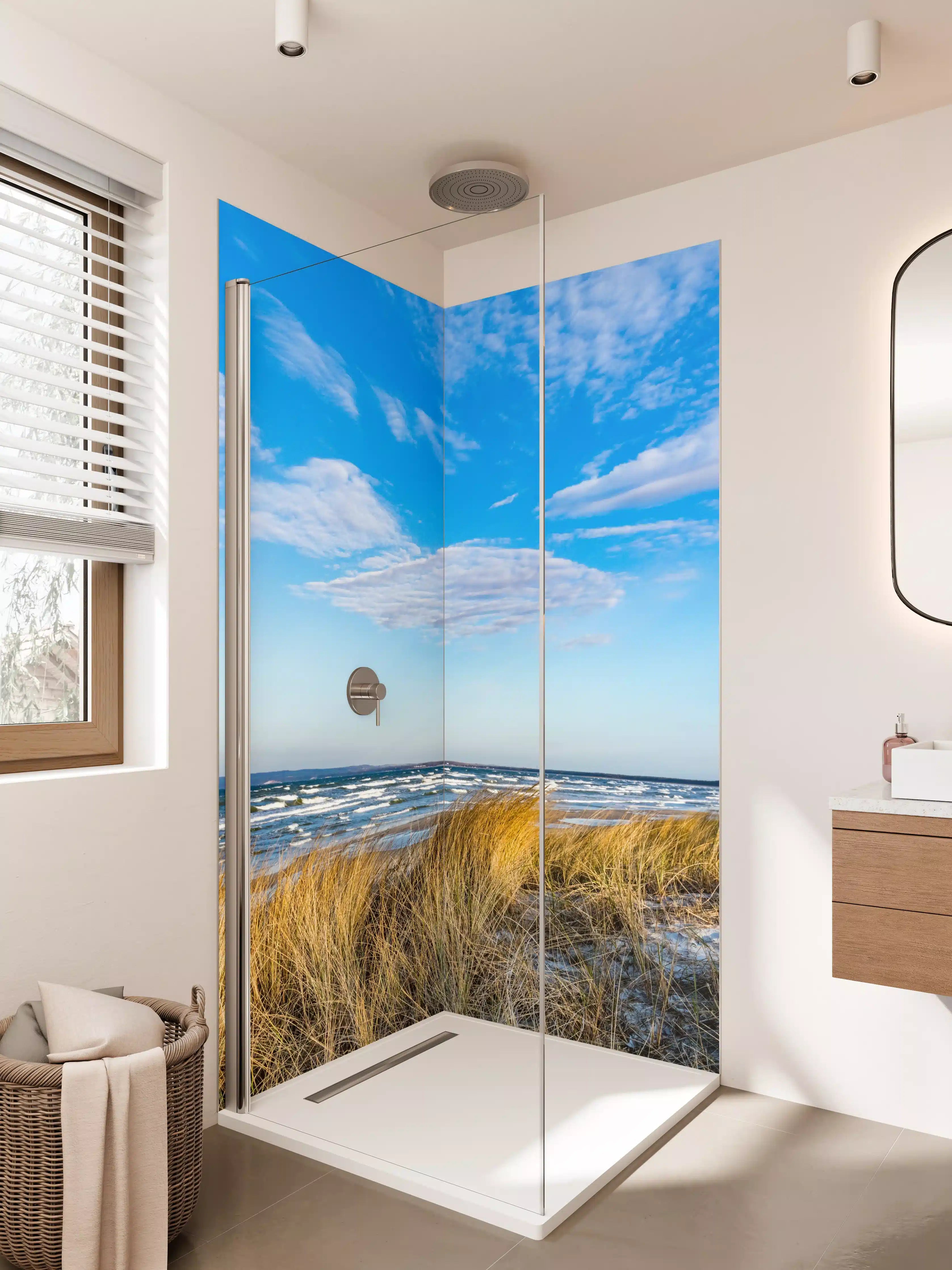 Duschrückwand - Strandlandschaft mit Sanddünen und Himmel
