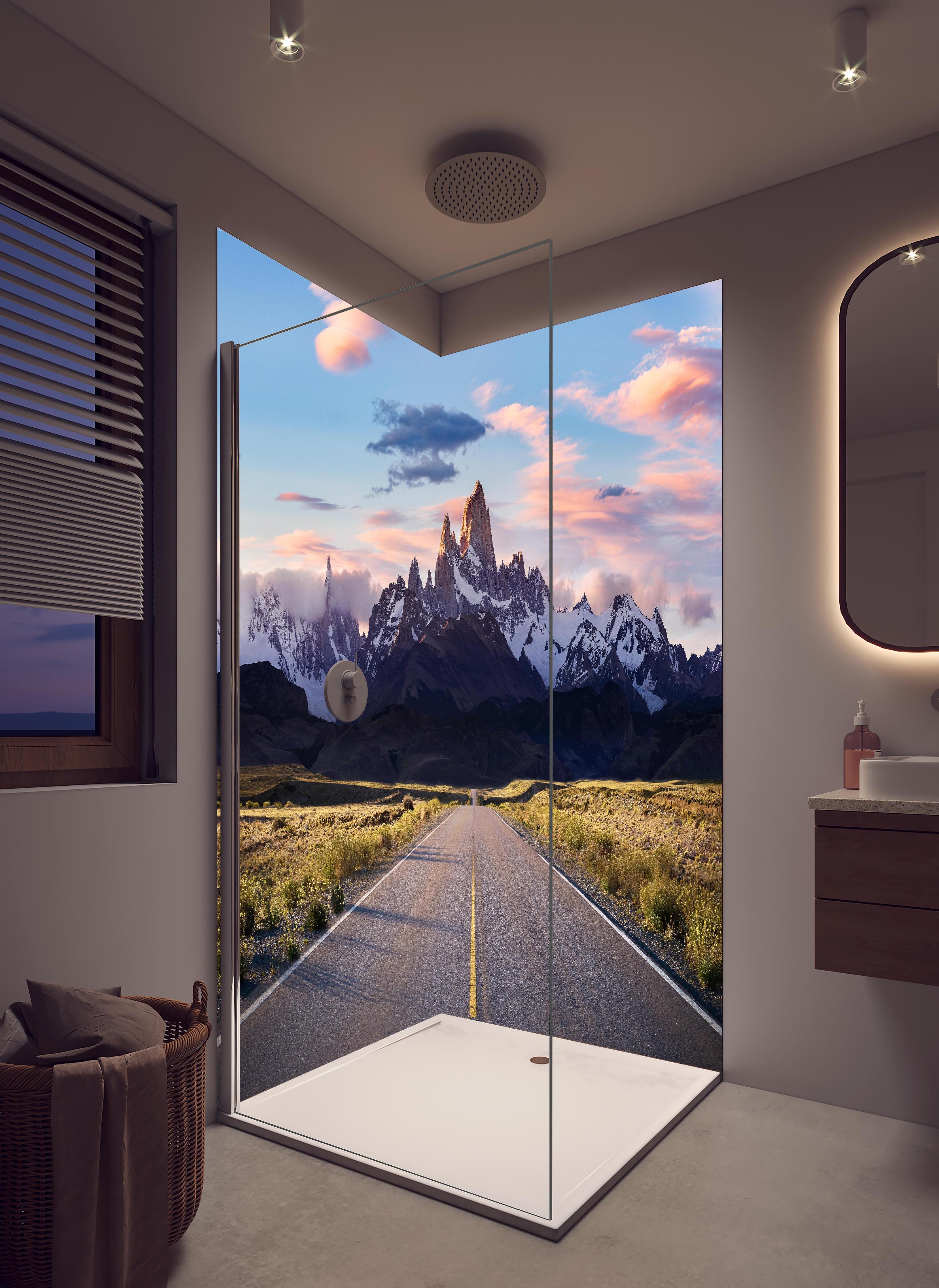 Duschrückwand - Straße mit Blick auf Berge in hellem Badezimmer mit Regenduschkopf - zweiteilige Eck-Duschrückwand