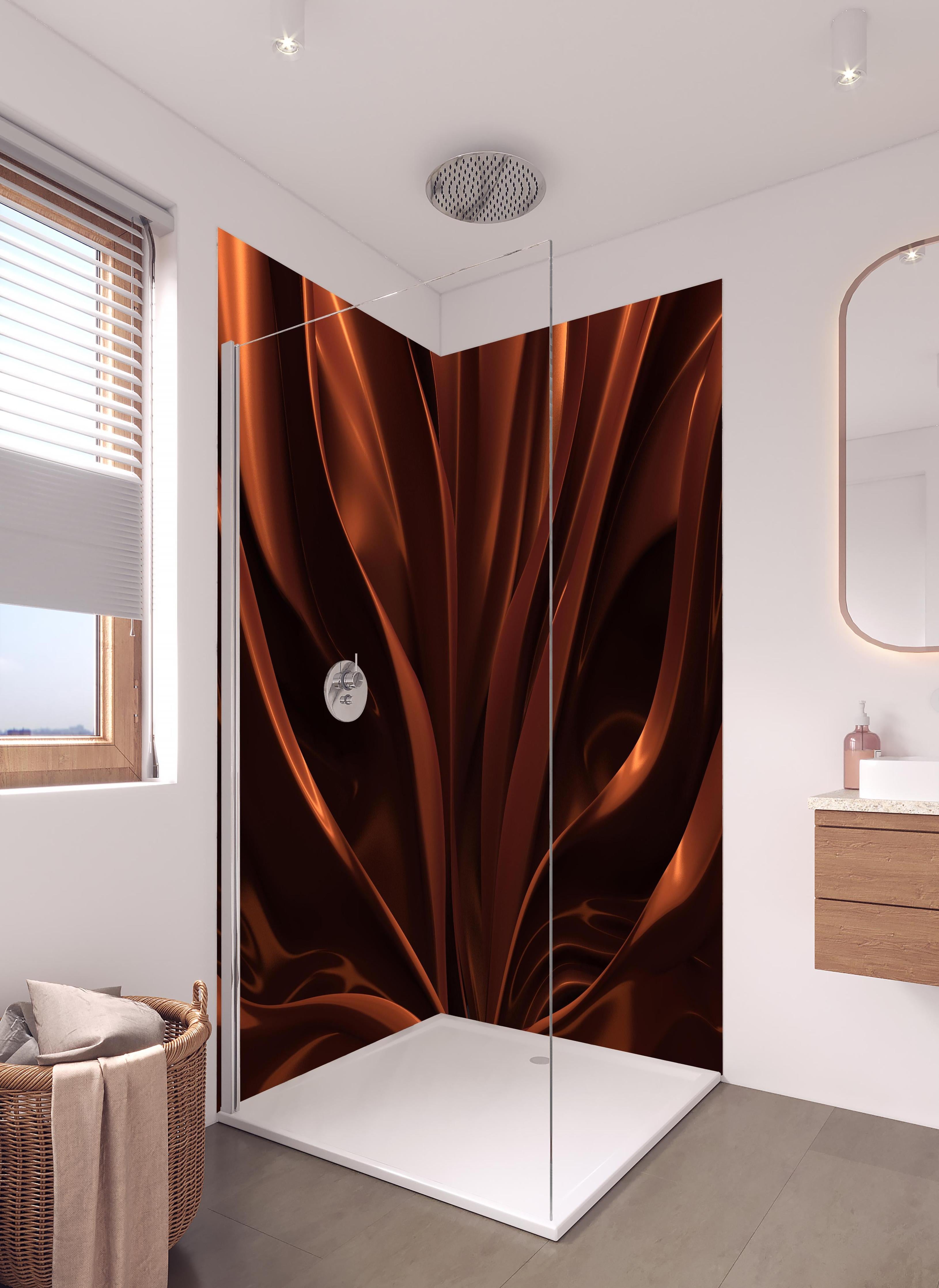 Duschrückwand - Strömendes Schokoladen Muster in hellem Badezimmer mit Regenduschkopf - zweiteilige Eck-Duschrückwand