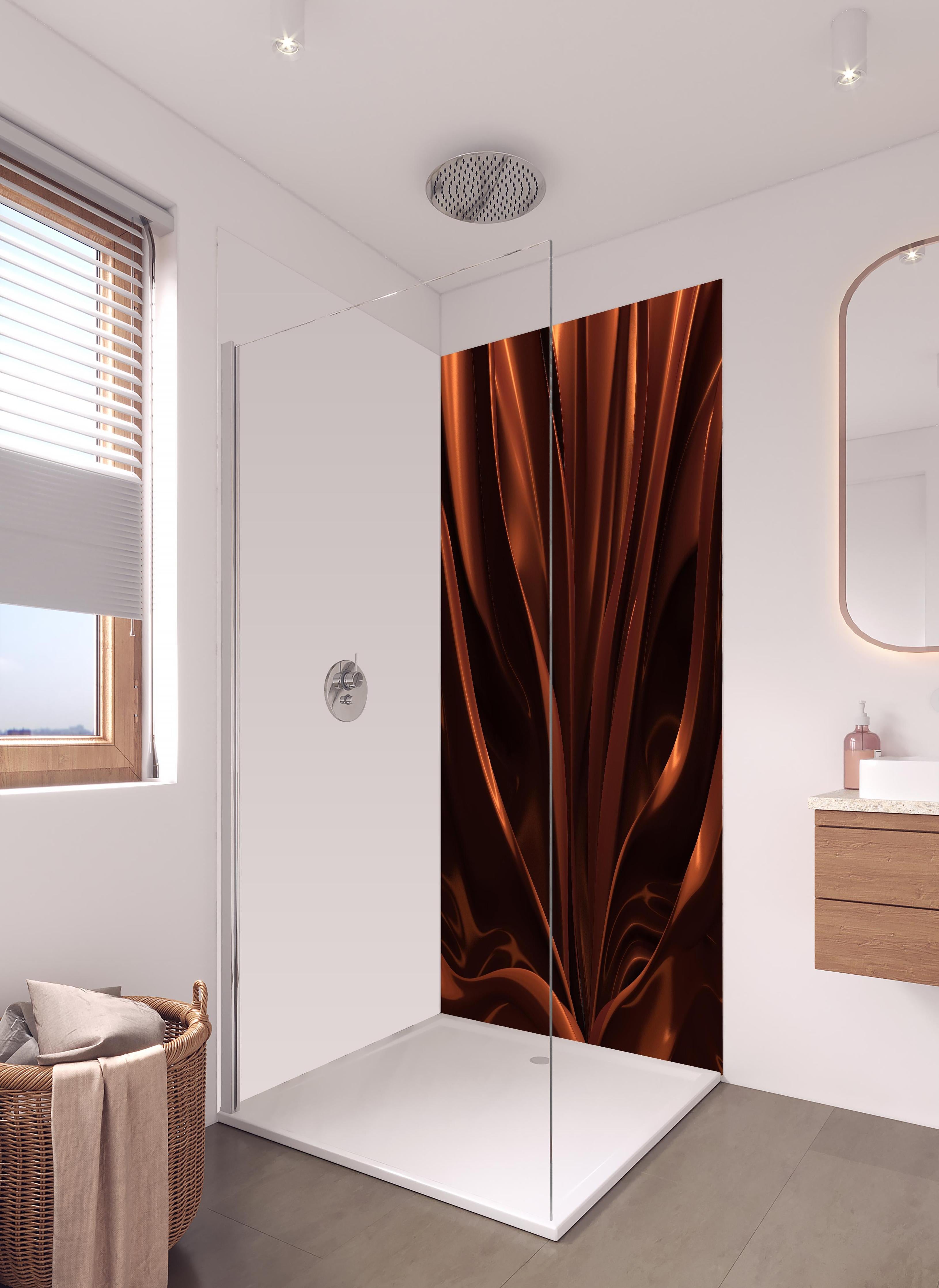 Duschrückwand - Strömendes Schokoladen Muster in hellem Badezimmer mit Regenduschkopf - zweiteilige Eck-Duschrückwand