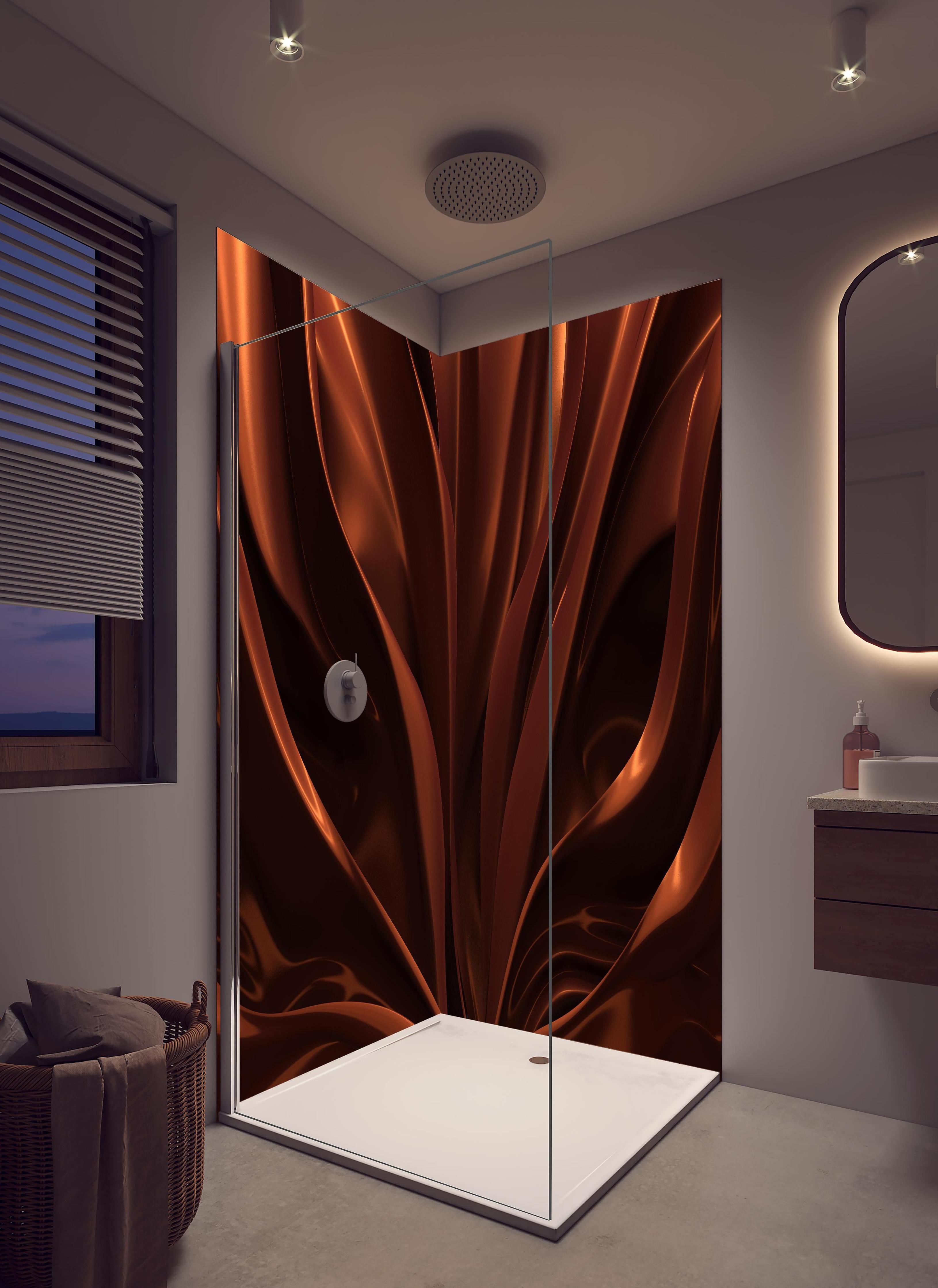 Duschrückwand - Strömendes Schokoladen Muster in hellem Badezimmer mit Regenduschkopf - zweiteilige Eck-Duschrückwand