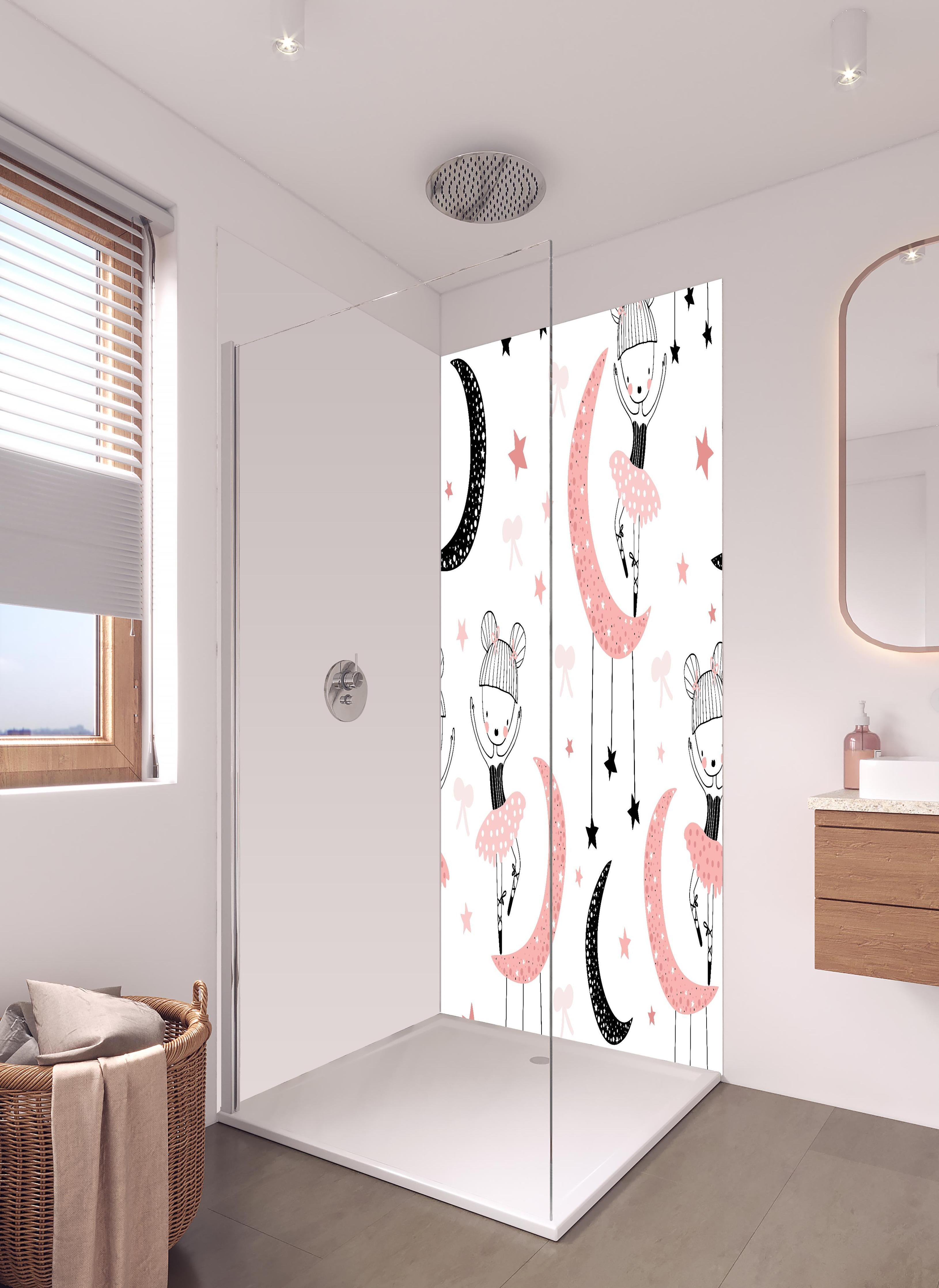 Duschrückwand - Süße Tanzende Mädchen auf Mond Illustration in hellem Badezimmer mit Regenduschkopf - zweiteilige Eck-Duschrückwand