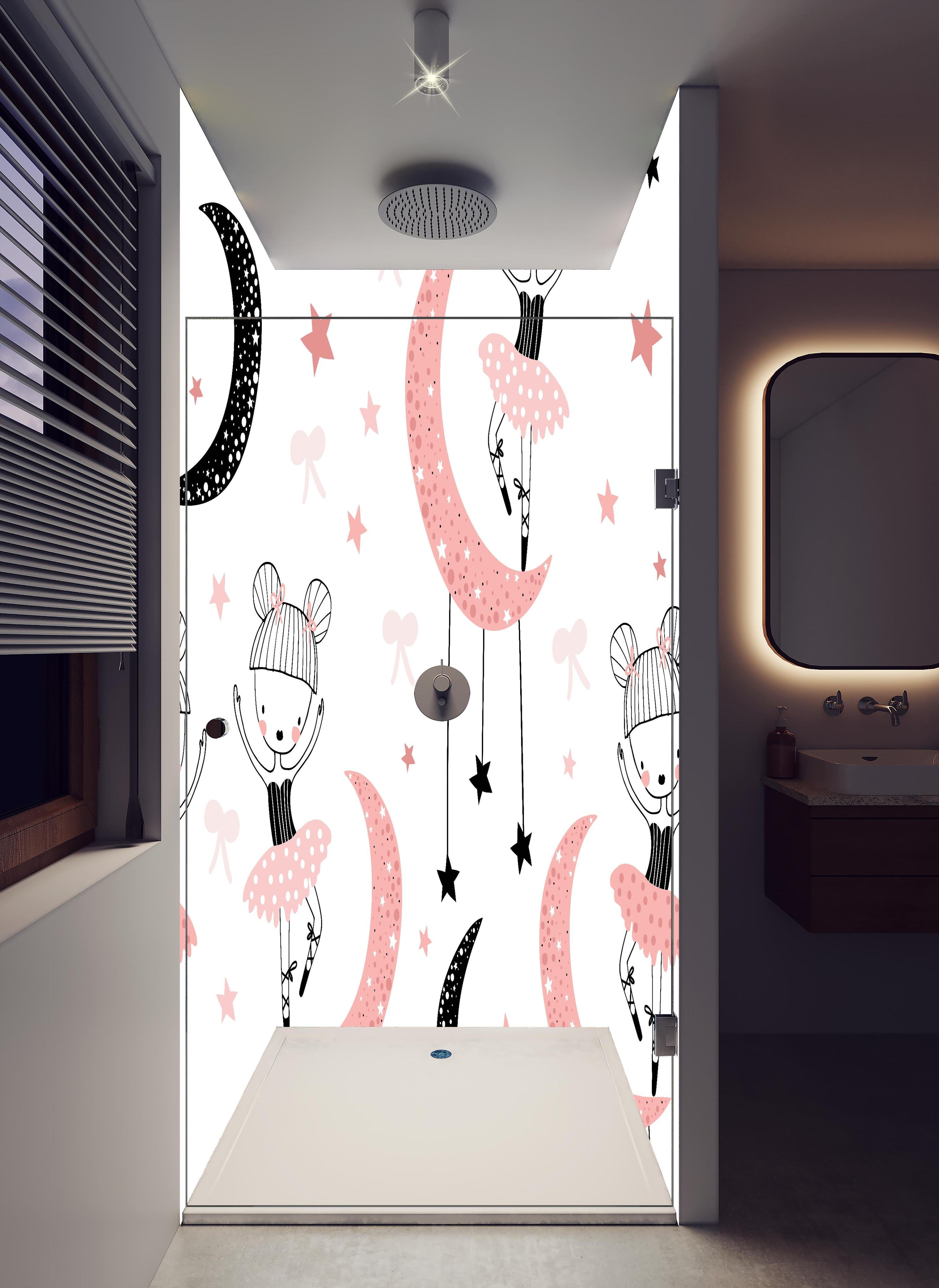 Duschrückwand - Süße Tanzende Mädchen auf Mond Illustration in hellem Badezimmer mit Regenduschkopf - zweiteilige Eck-Duschrückwand