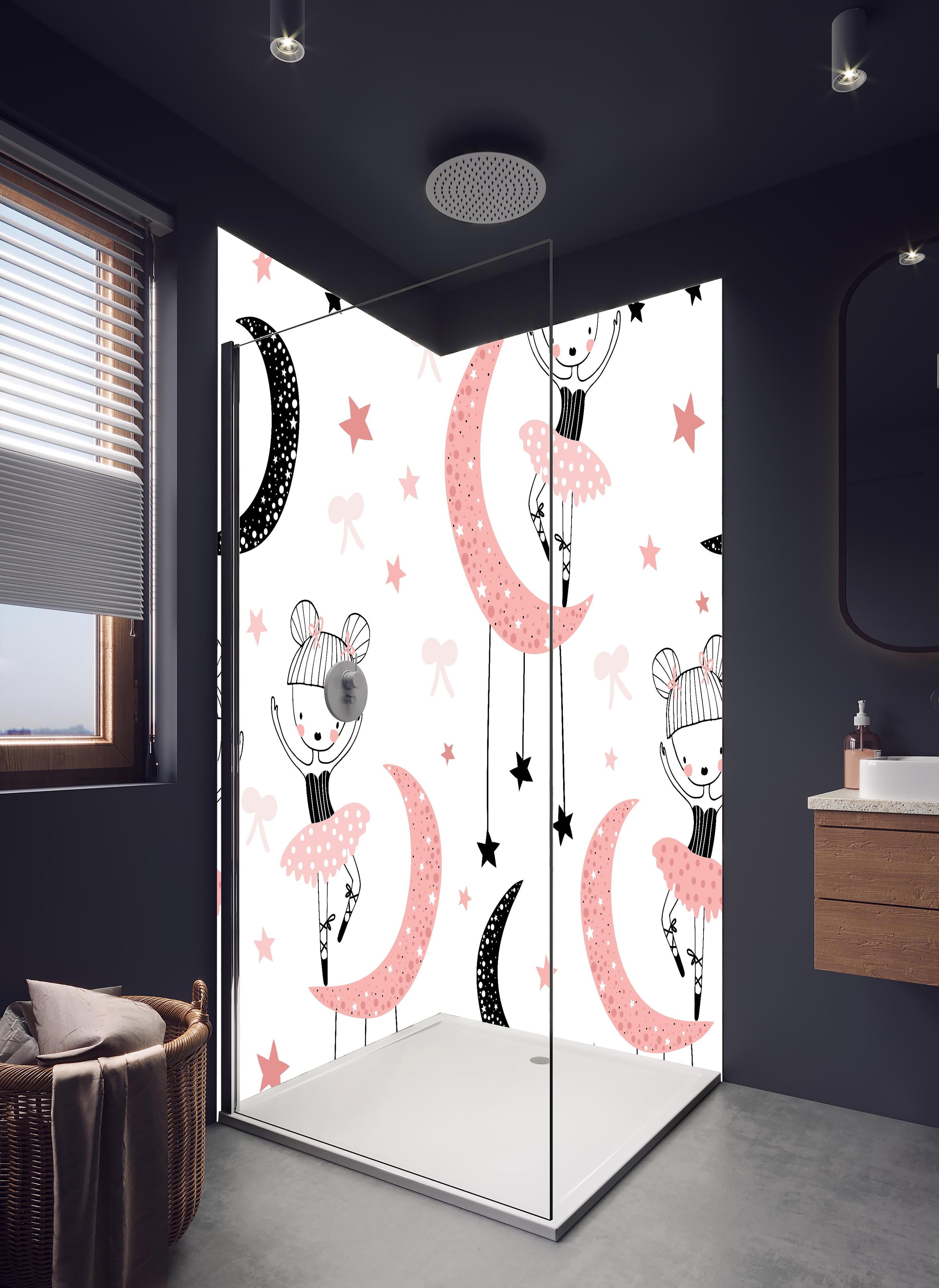 Duschrückwand - Süße Tanzende Mädchen auf Mond Illustration in hellem Badezimmer mit Regenduschkopf - zweiteilige Eck-Duschrückwand