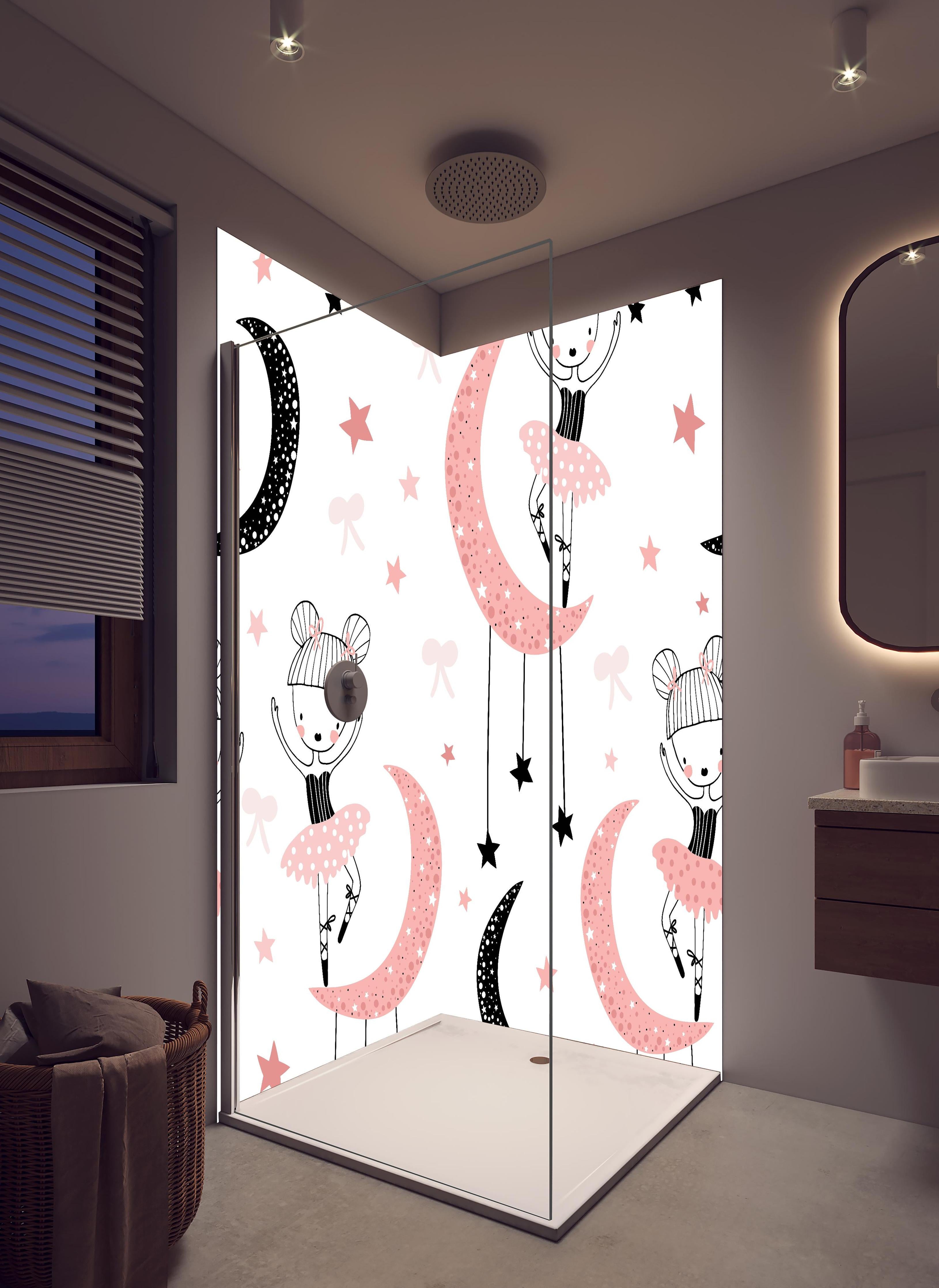 Duschrückwand - Süße Tanzende Mädchen auf Mond Illustration in hellem Badezimmer mit Regenduschkopf - zweiteilige Eck-Duschrückwand