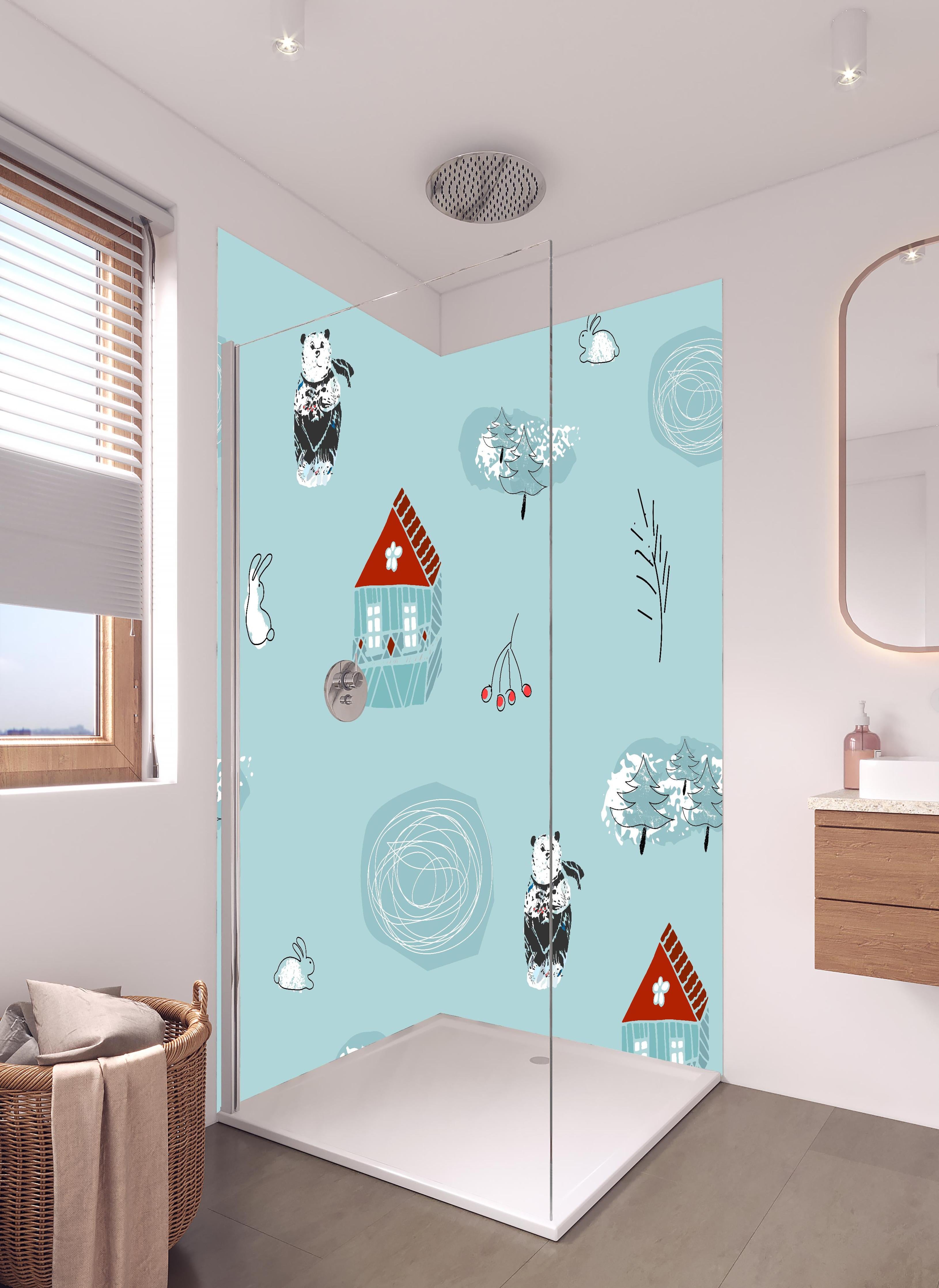 Duschrückwand - Süßes Waldmotiv Muster für Kinderzimmer in hellem Badezimmer mit Regenduschkopf - zweiteilige Eck-Duschrückwand