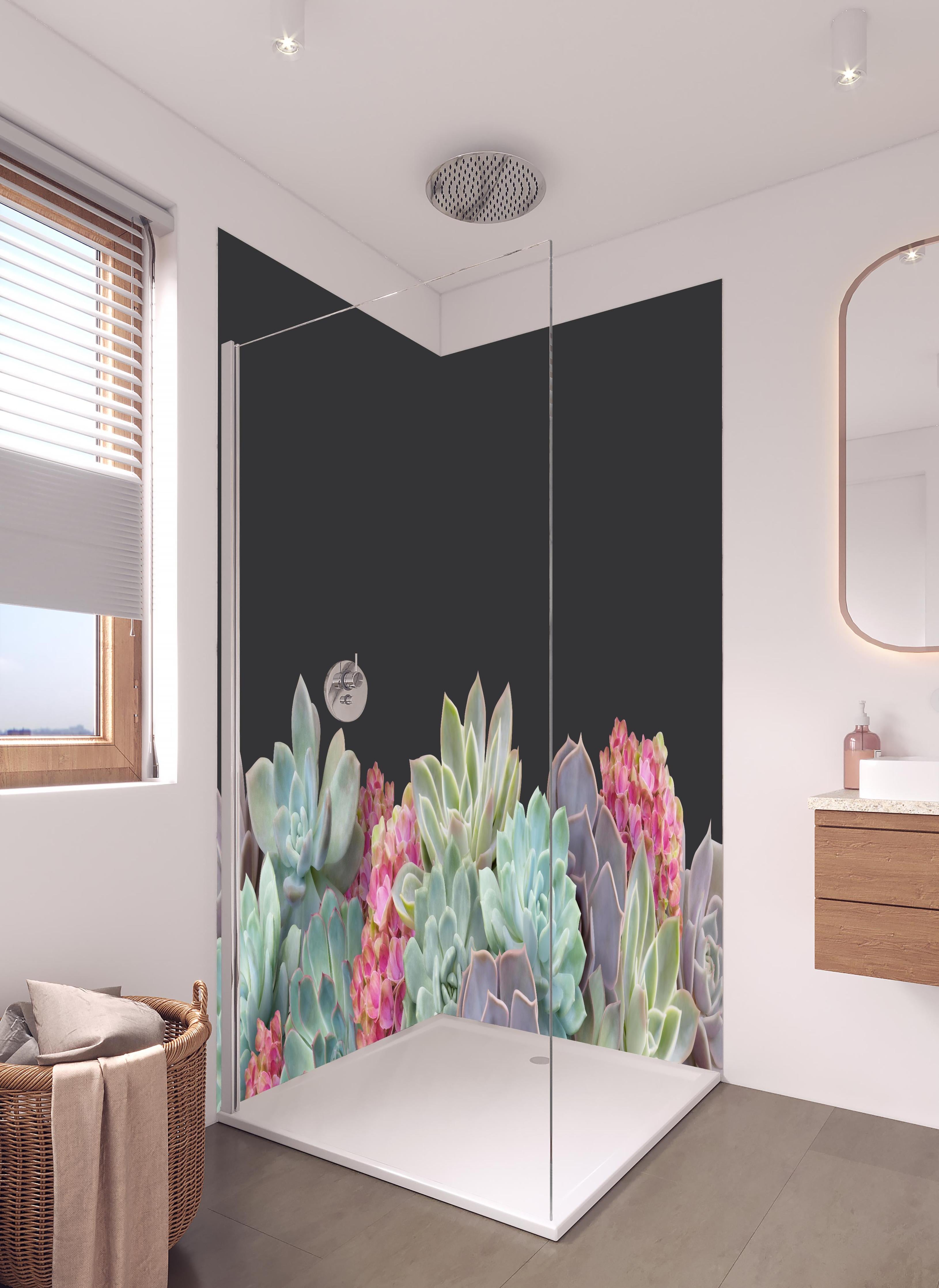 Duschrückwand - Sukkulente Blumen - Bunt in hellem Badezimmer mit Regenduschkopf - zweiteilige Eck-Duschrückwand