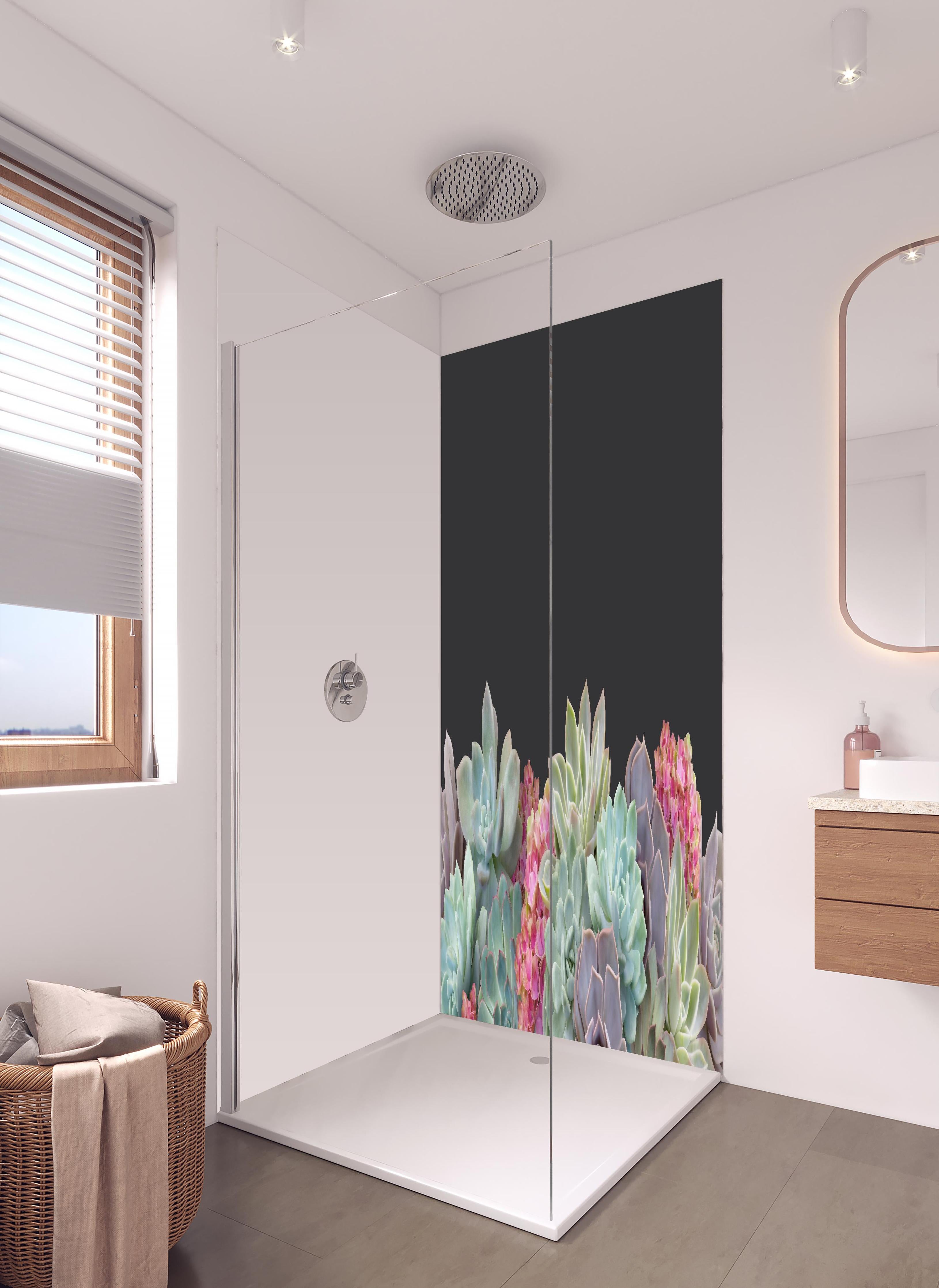 Duschrückwand - Sukkulente Blumen - Bunt in hellem Badezimmer mit Regenduschkopf - zweiteilige Eck-Duschrückwand