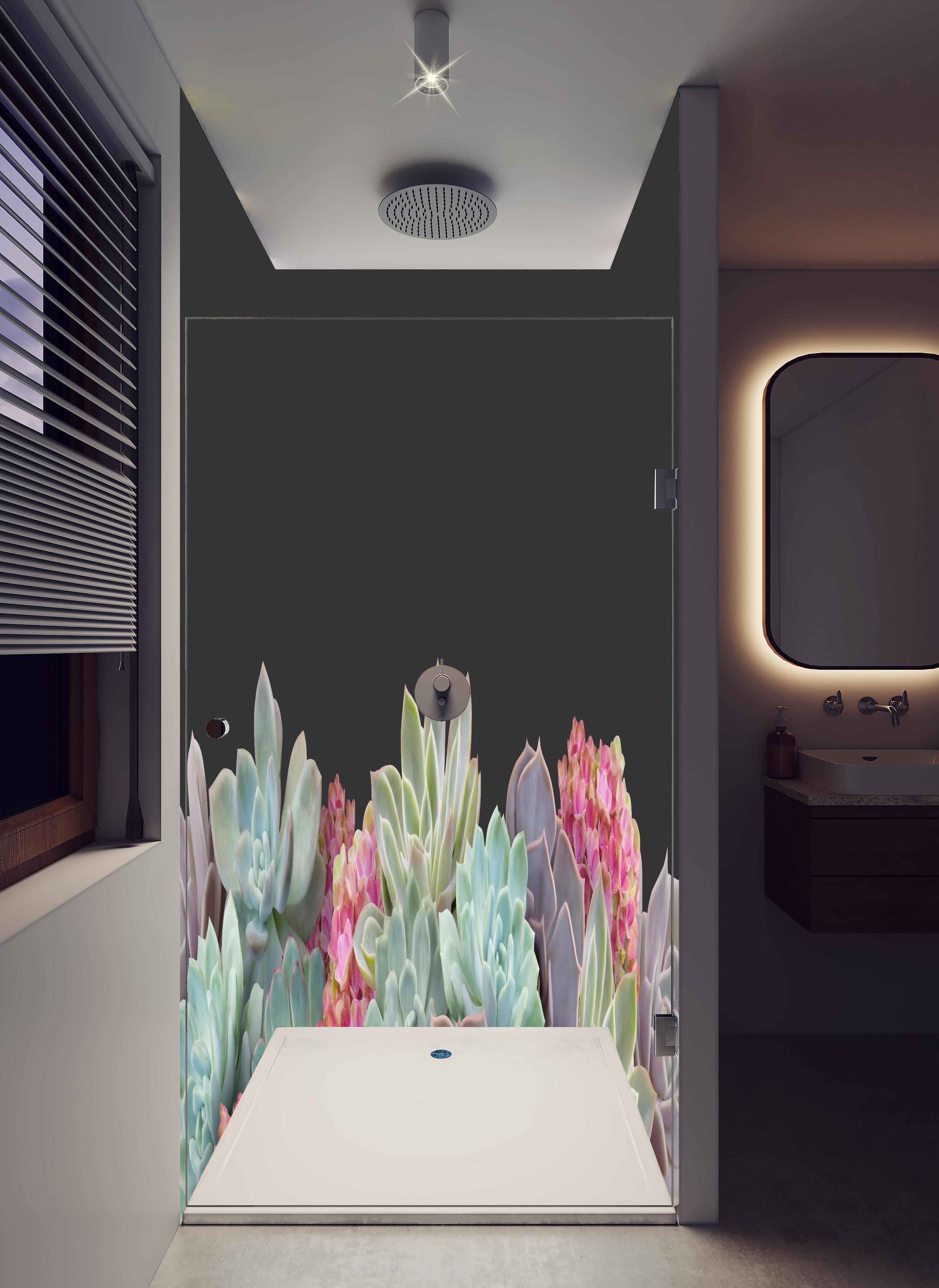 Duschrückwand - Sukkulente Blumen - Bunt in hellem Badezimmer mit Regenduschkopf - zweiteilige Eck-Duschrückwand