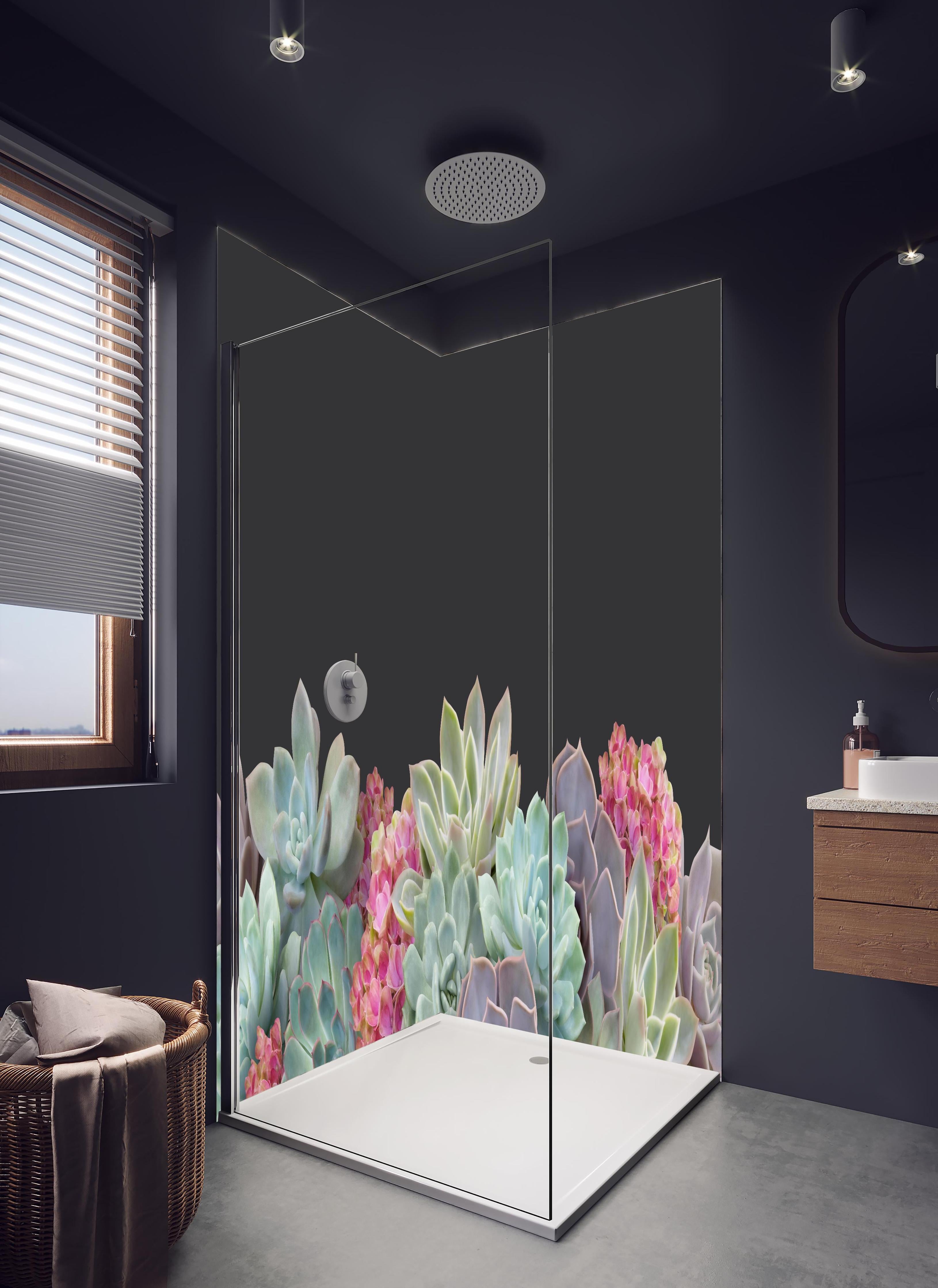 Duschrückwand - Sukkulente Blumen - Bunt in hellem Badezimmer mit Regenduschkopf - zweiteilige Eck-Duschrückwand