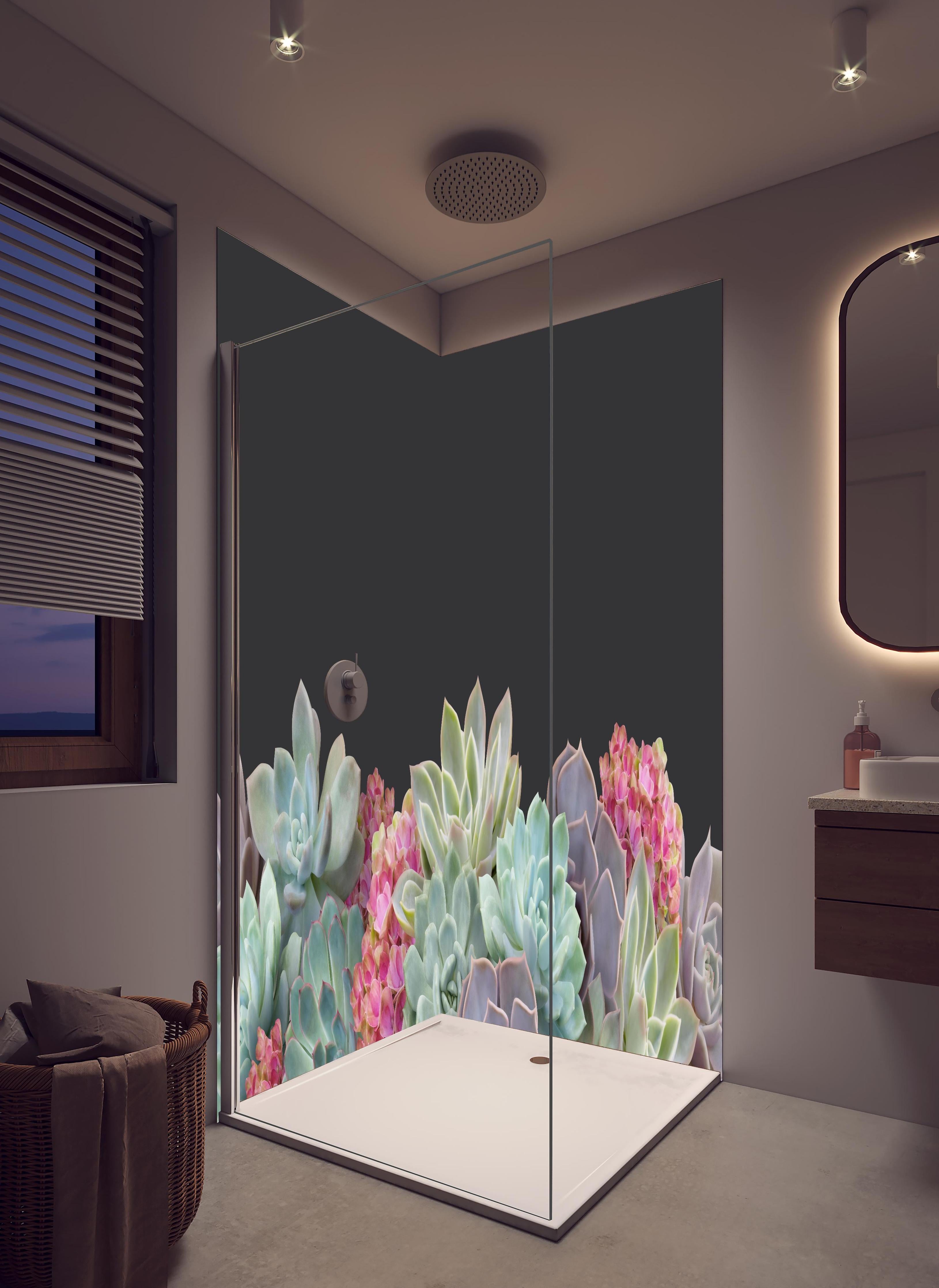 Duschrückwand - Sukkulente Blumen - Bunt in hellem Badezimmer mit Regenduschkopf - zweiteilige Eck-Duschrückwand