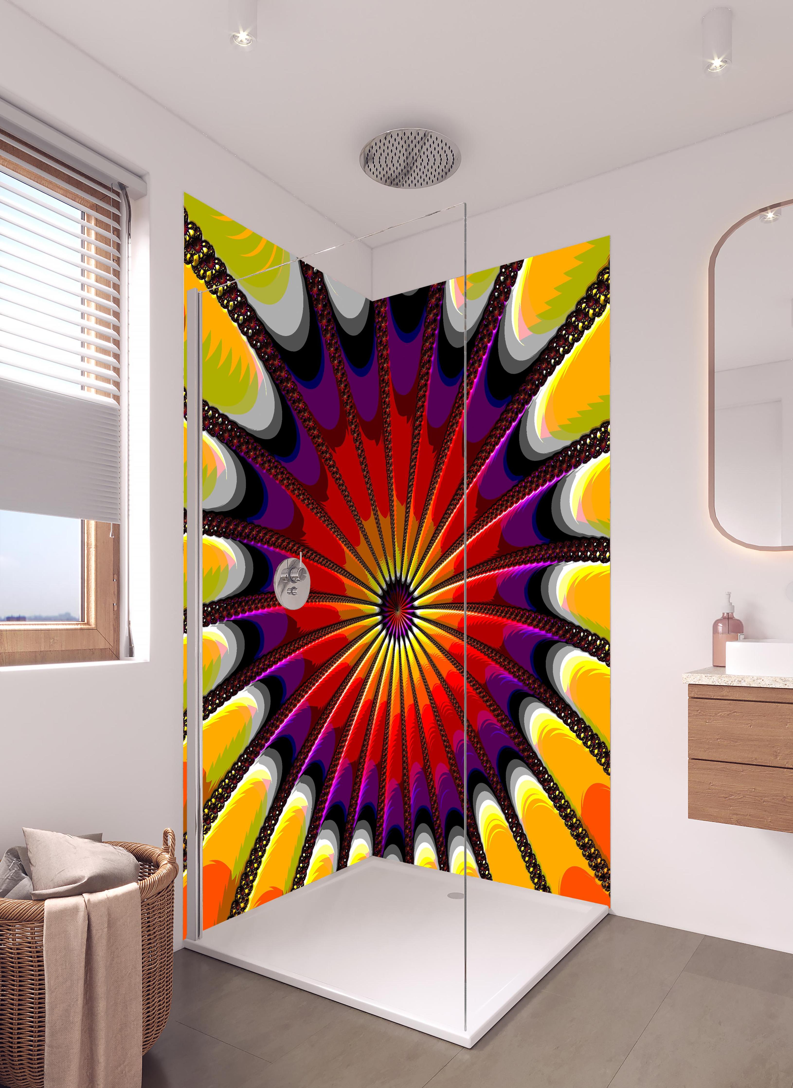 Duschrückwand - Surreales 3D Fraktal Design Kunstwerk in hellem Badezimmer mit Regenduschkopf - zweiteilige Eck-Duschrückwand