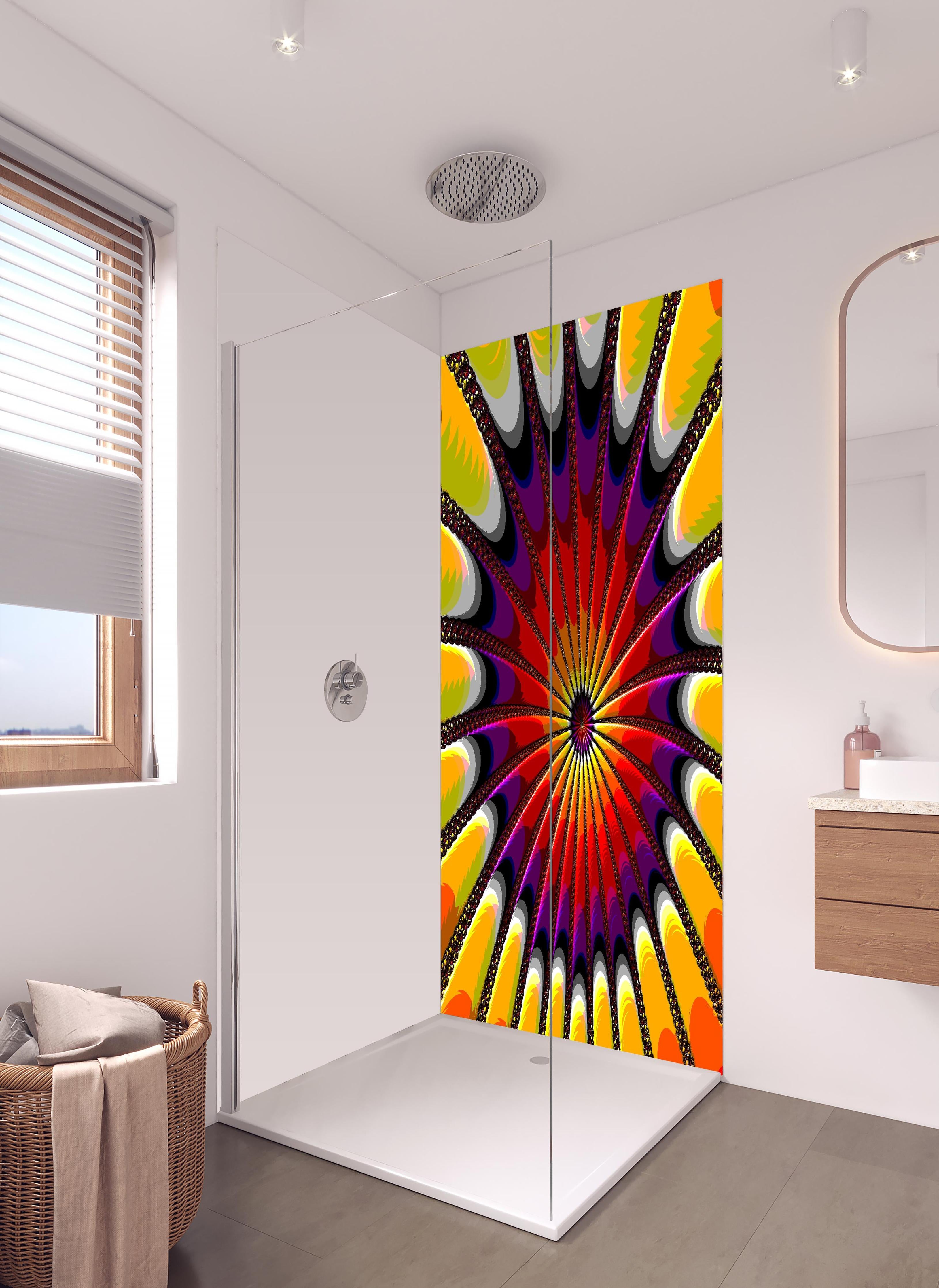 Duschrückwand - Surreales 3D Fraktal Design Kunstwerk in hellem Badezimmer mit Regenduschkopf - zweiteilige Eck-Duschrückwand