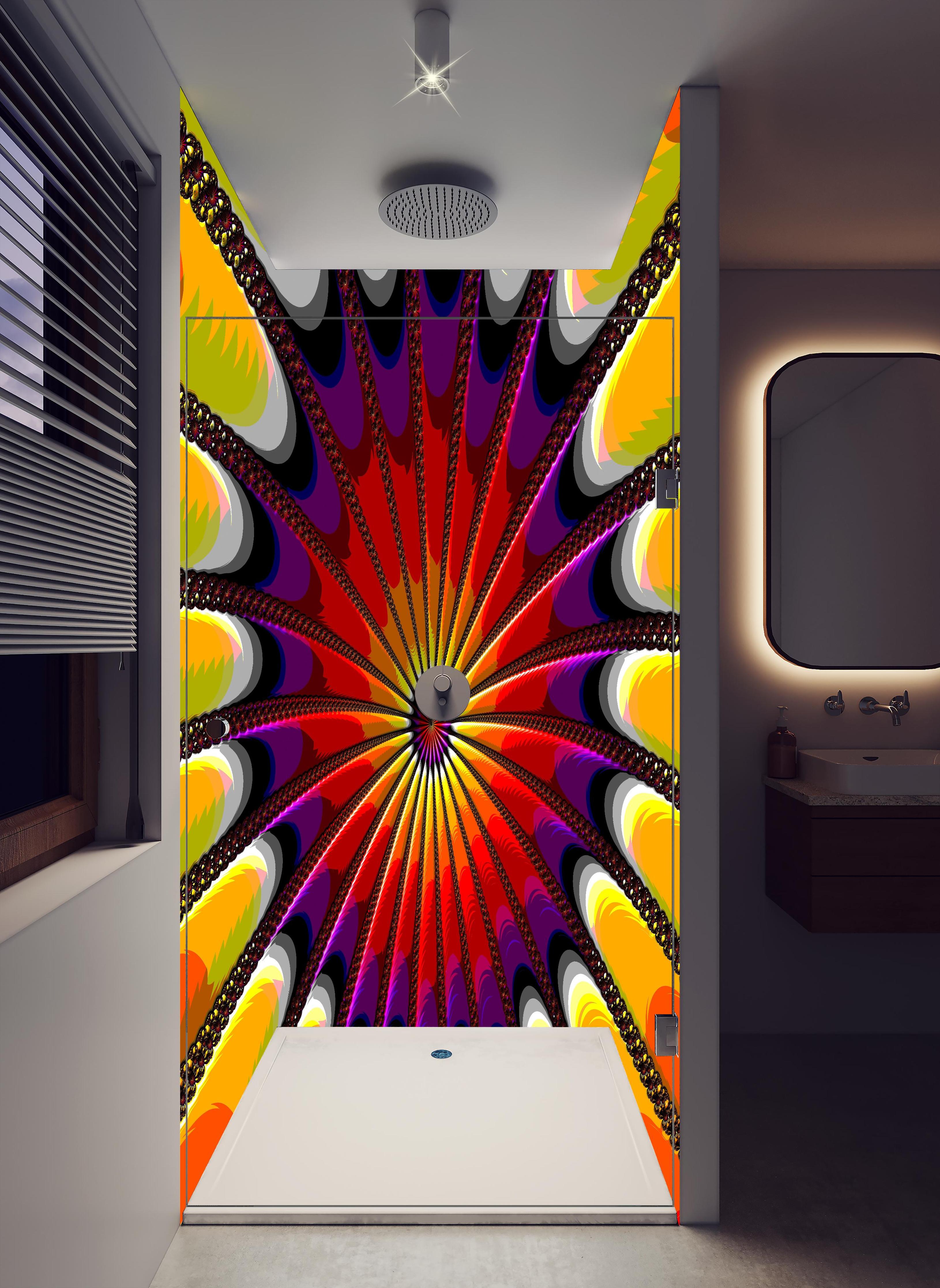 Duschrückwand - Surreales 3D Fraktal Design Kunstwerk in hellem Badezimmer mit Regenduschkopf - zweiteilige Eck-Duschrückwand