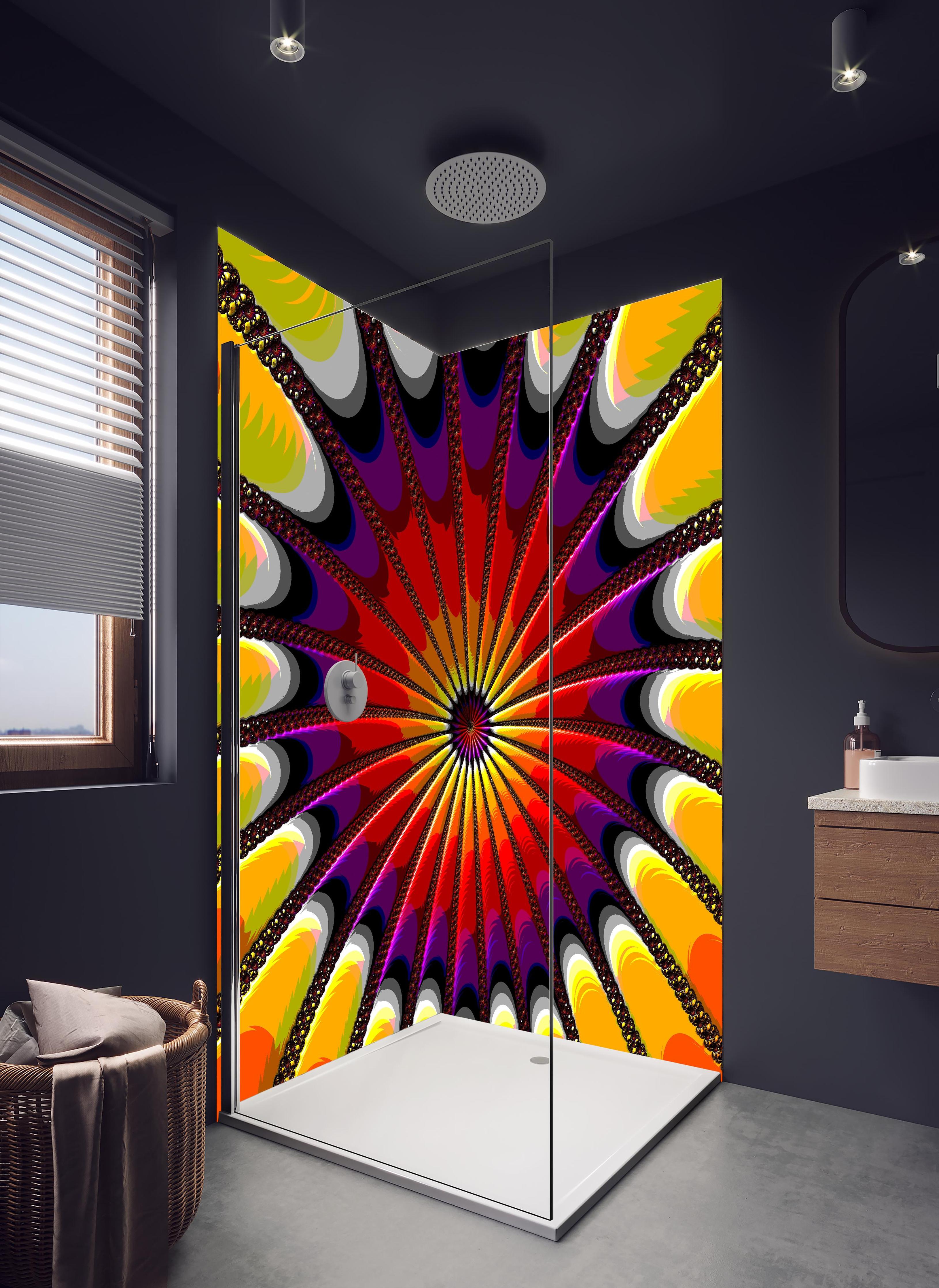 Duschrückwand - Surreales 3D Fraktal Design Kunstwerk in hellem Badezimmer mit Regenduschkopf - zweiteilige Eck-Duschrückwand