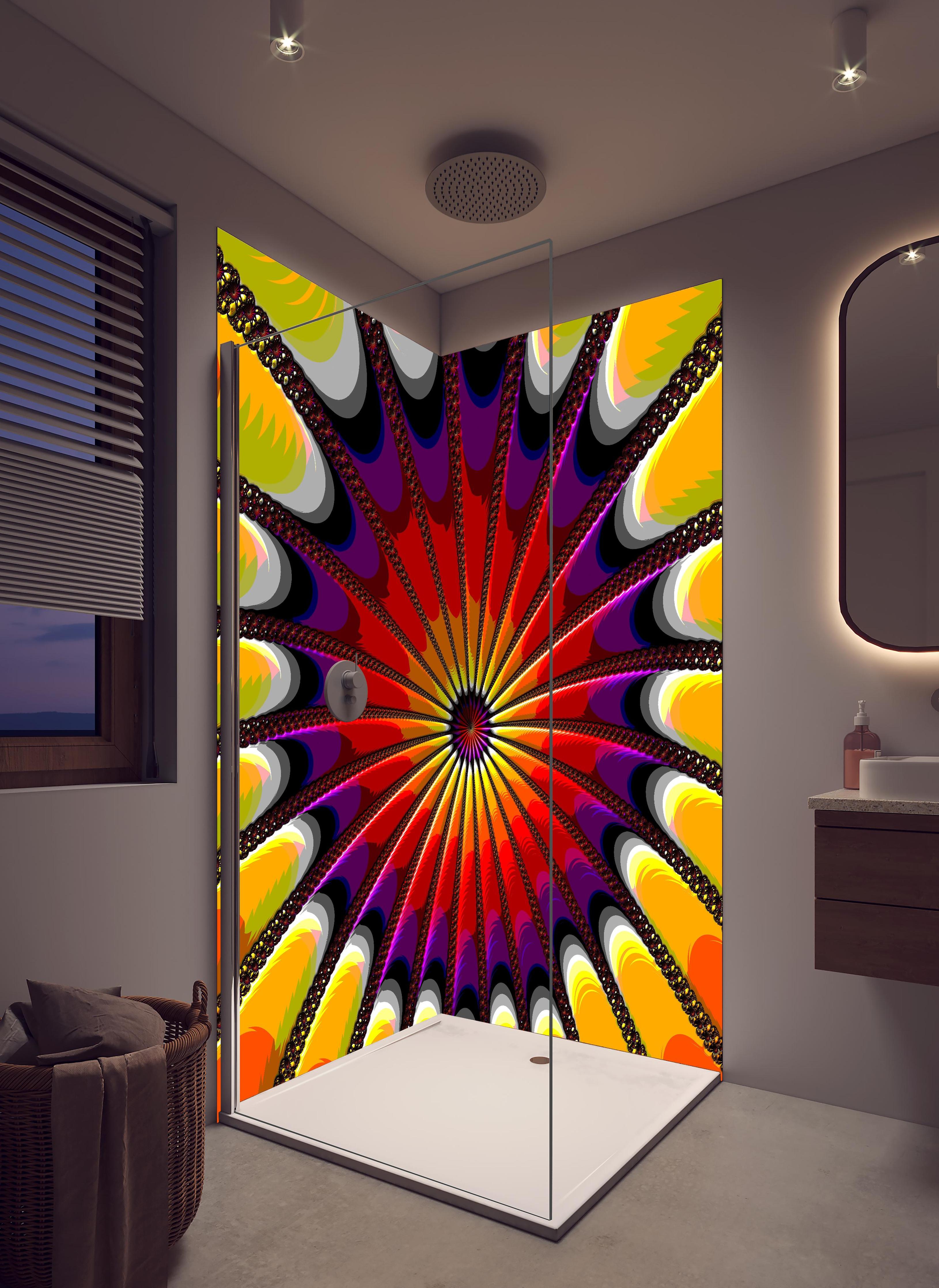 Duschrückwand - Surreales 3D Fraktal Design Kunstwerk in hellem Badezimmer mit Regenduschkopf - zweiteilige Eck-Duschrückwand