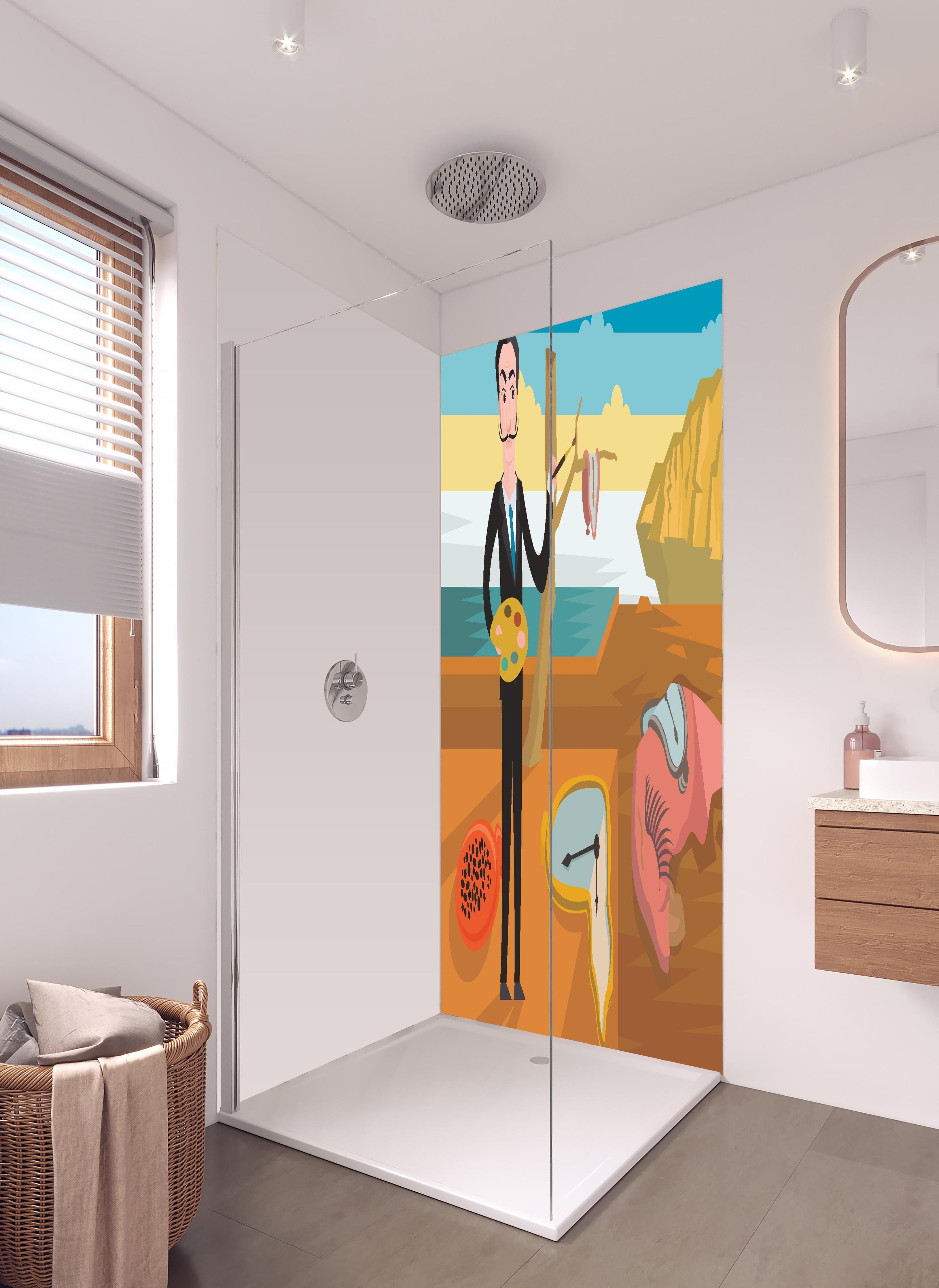 Duschrückwand - Surreales Gemälde Meeresküste mit Uhren in hellem Badezimmer mit Regenduschkopf - zweiteilige Eck-Duschrückwand