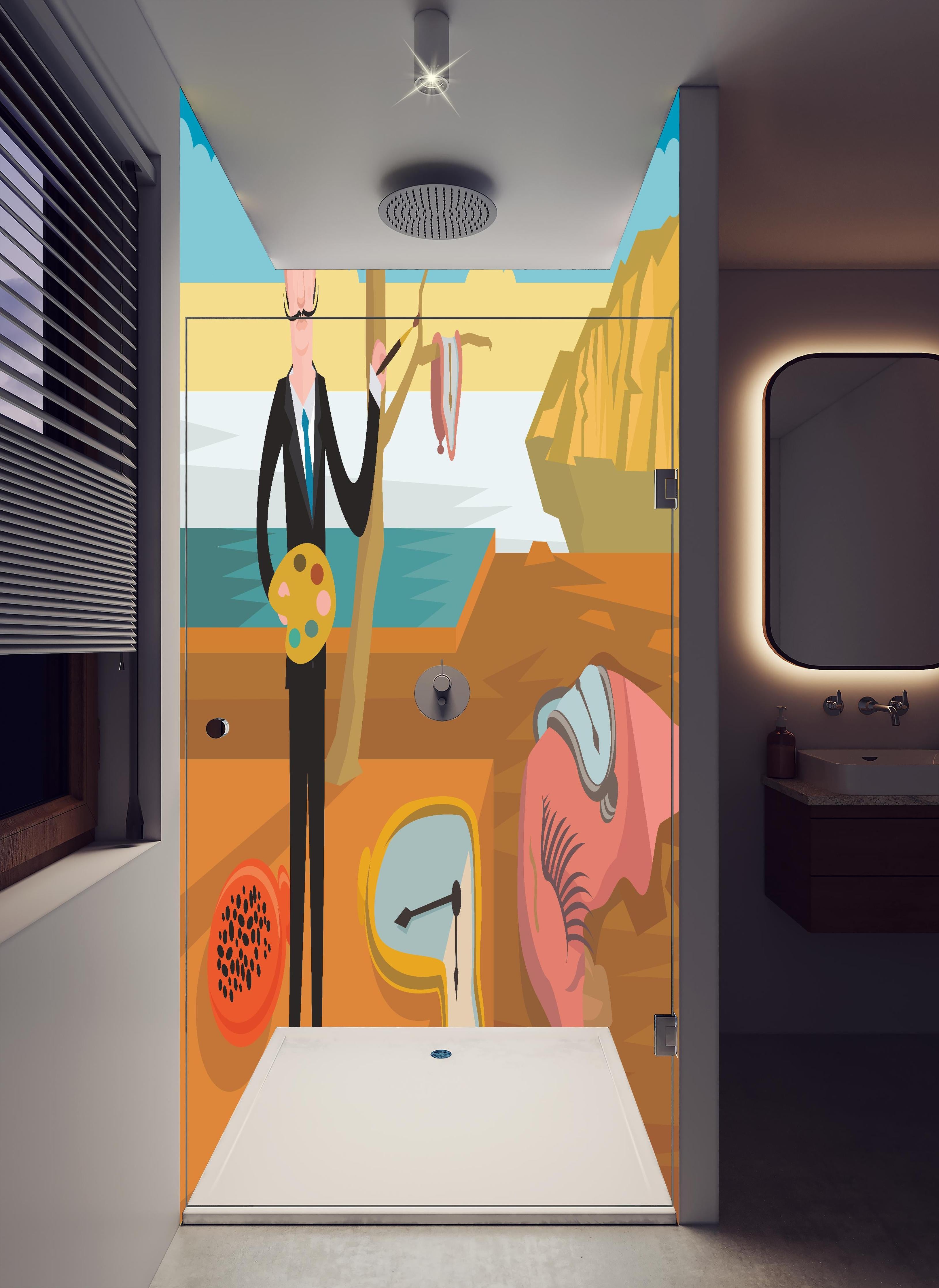 Duschrückwand - Surreales Gemälde Meeresküste mit Uhren in hellem Badezimmer mit Regenduschkopf - zweiteilige Eck-Duschrückwand