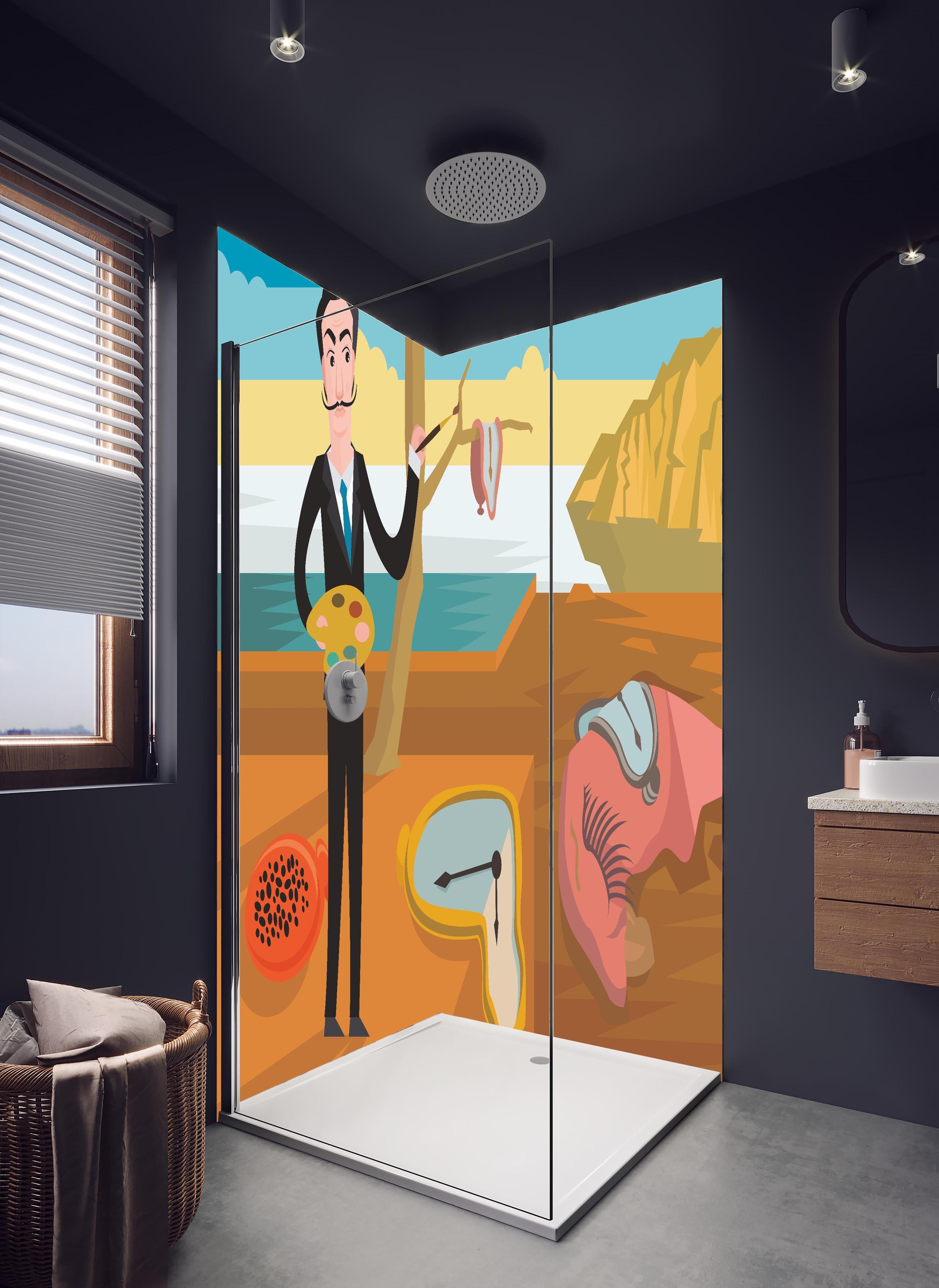 Duschrückwand - Surreales Gemälde Meeresküste mit Uhren in hellem Badezimmer mit Regenduschkopf - zweiteilige Eck-Duschrückwand