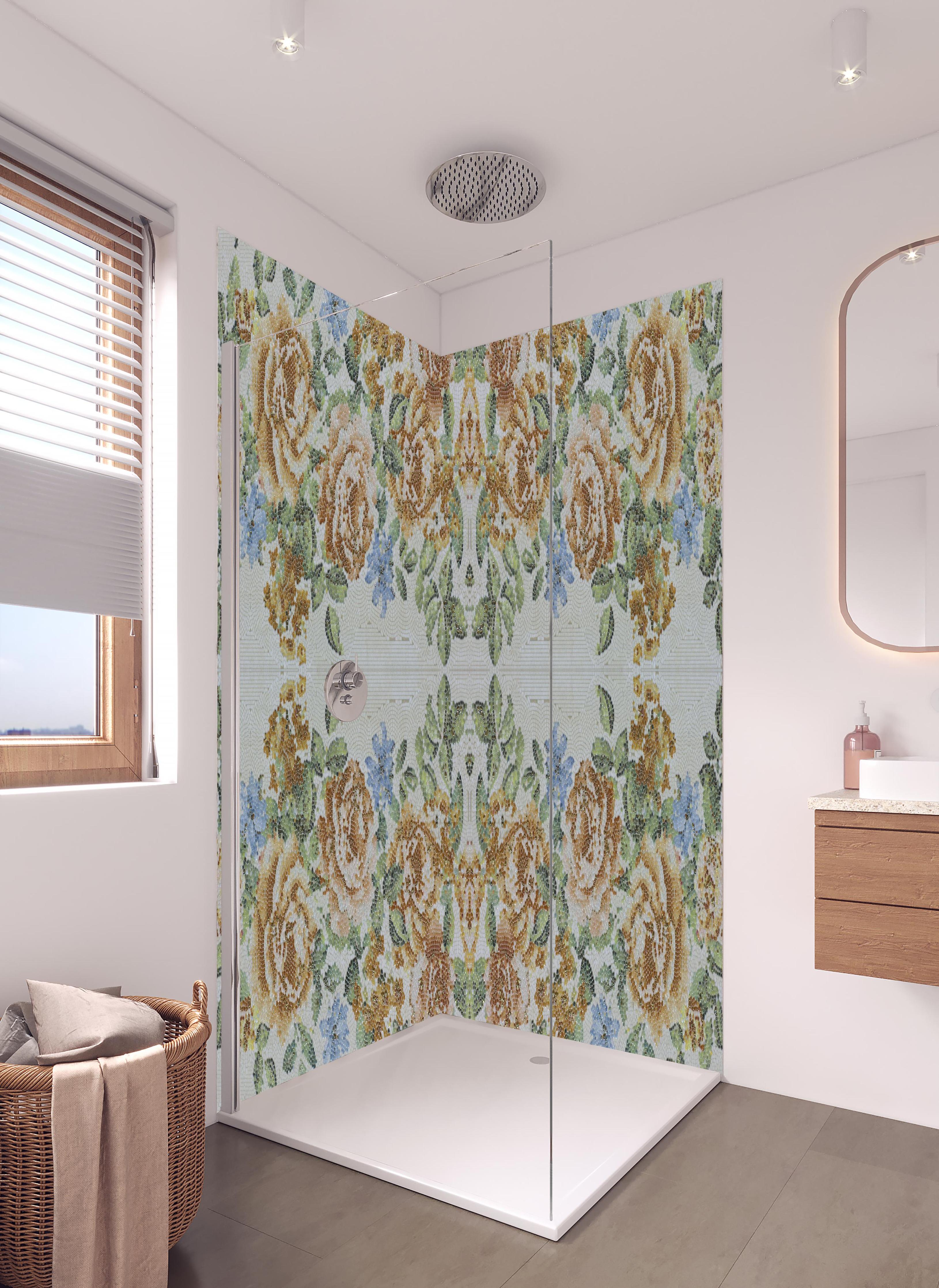 Duschrückwand - Symmetrisches Blumenmuster in Weiß und Blau in hellem Badezimmer mit Regenduschkopf - zweiteilige Eck-Duschrückwand