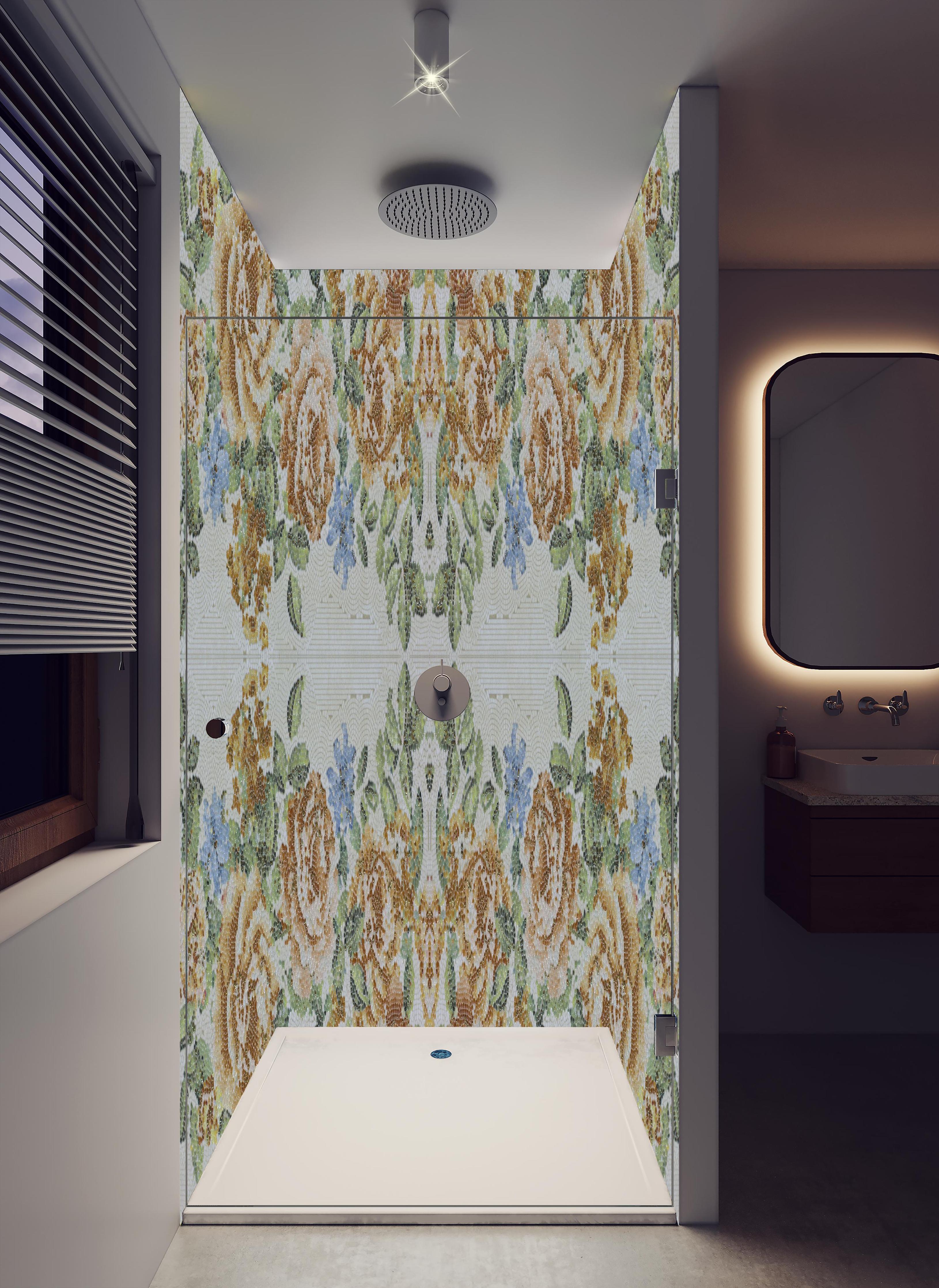 Duschrückwand - Symmetrisches Blumenmuster in Weiß und Blau in hellem Badezimmer mit Regenduschkopf - zweiteilige Eck-Duschrückwand