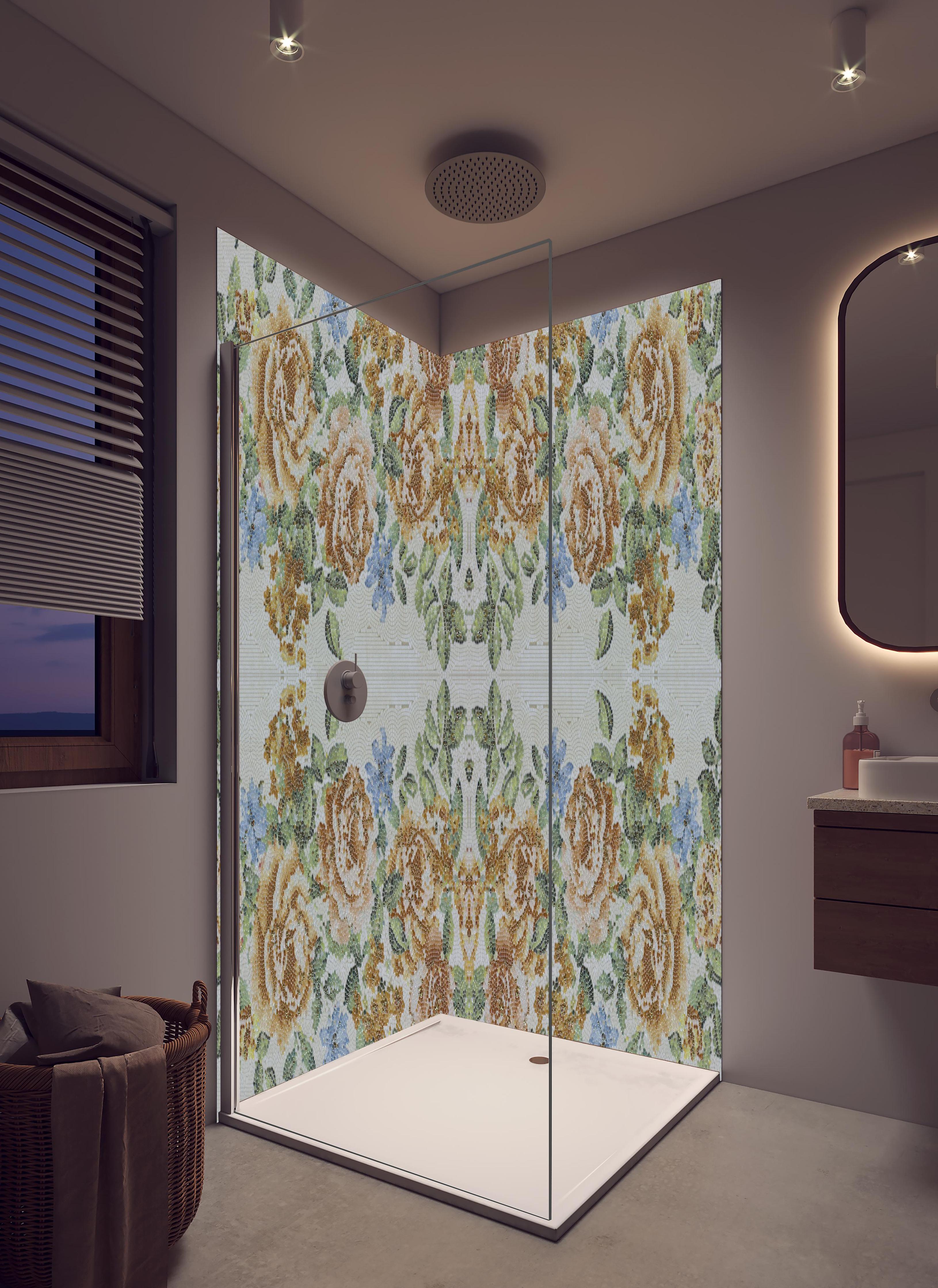 Duschrückwand - Symmetrisches Blumenmuster in Weiß und Blau in hellem Badezimmer mit Regenduschkopf - zweiteilige Eck-Duschrückwand